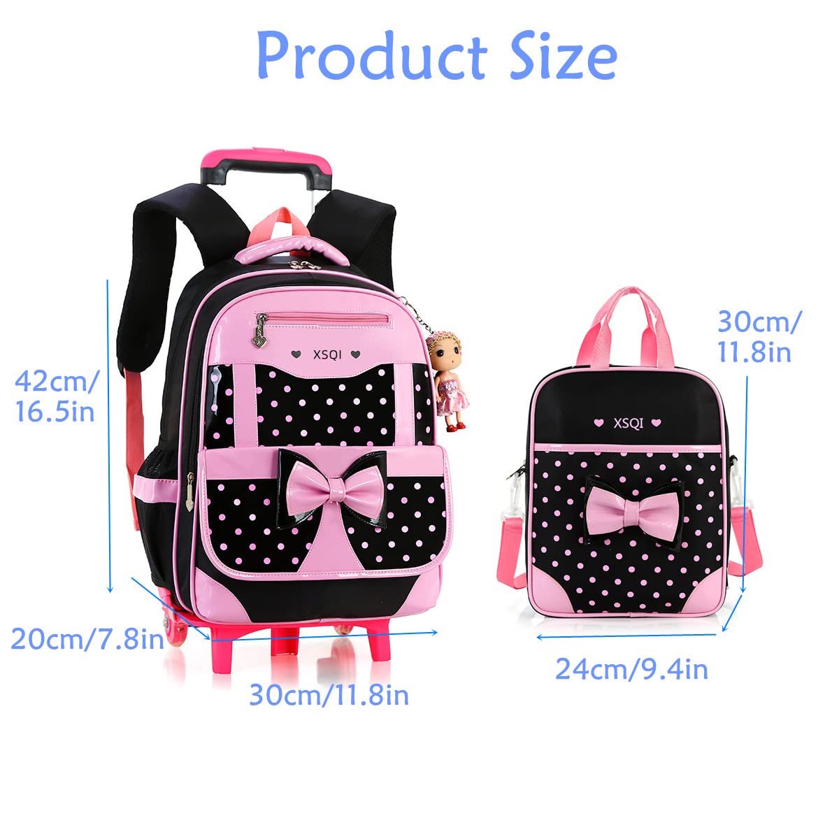MITOWERMI Rolling Backpack for Girls - Cute Bowknot Wheeled School Bag with Handbag, Trolley Carry-on Travel Luggage for Toddler & Elementary Students | Perfect for School, Travel, and Princess-Themed Outings