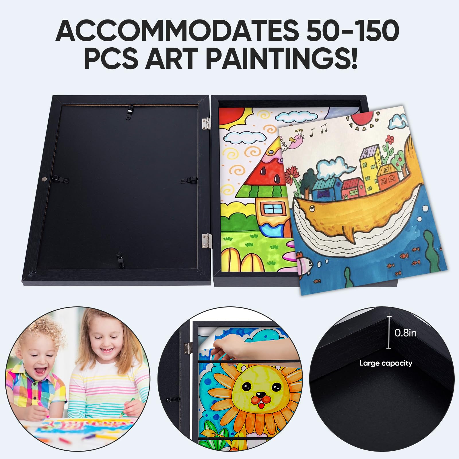 Kids Art Frame - Front Opening Holds 150 Artworks, 8.5x11 Black Display Frame for Children's Projects - Perfect for Classroom & Home Decor