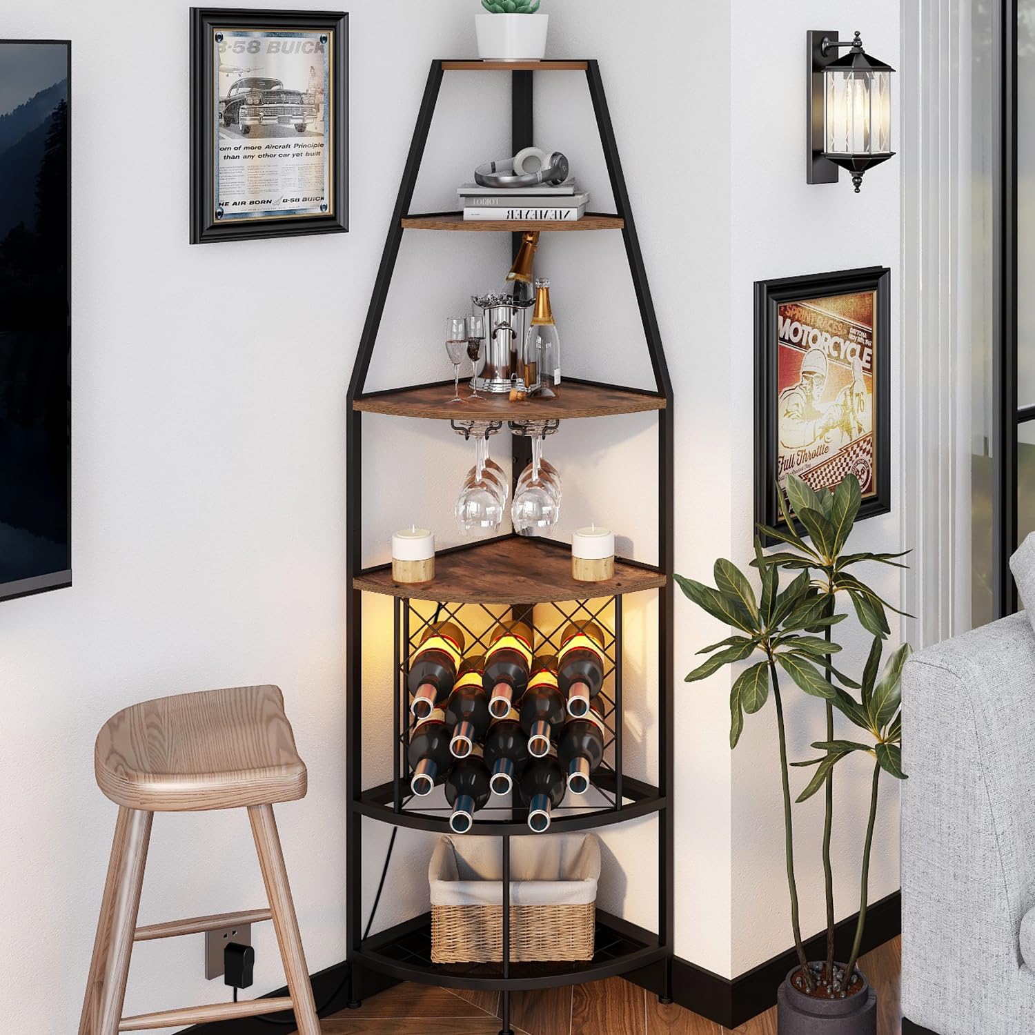 5-Tier Corner Wine Rack with LED Lights - Floor Standing Wine Storage with Glass Holder for 12 Bottles - Rustic Brown Home Bar Furniture for Kitchen, Living Room & Dining Room - Perfect for Wine Enthusiasts & Entertaining Guests