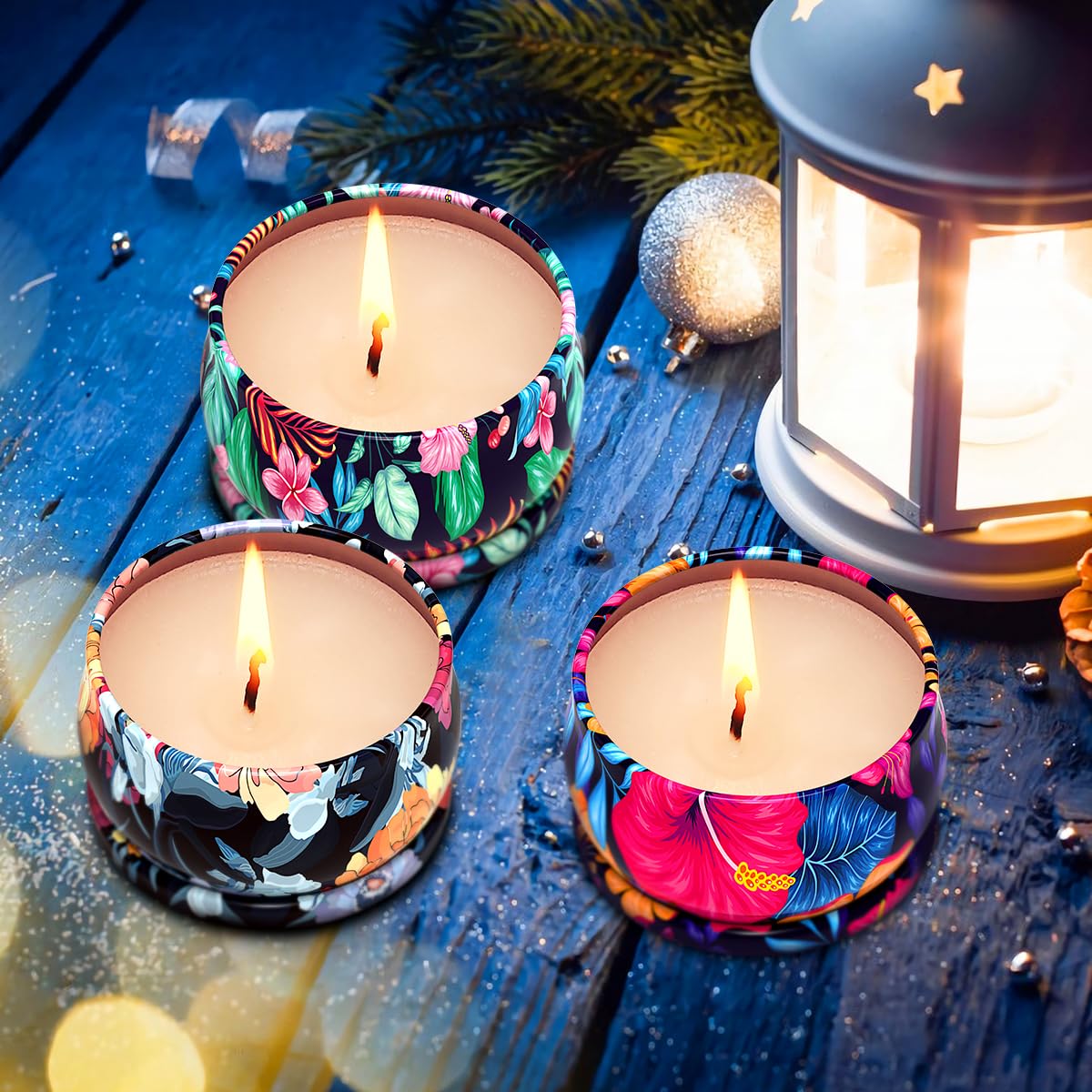 3-Pack Christmas Candles Gift Set for Women - 2.5oz Long-Lasting Natural Soy Wax Jar Candles with Floral Designs, Home Fragrance for Relaxation & Stress Relief - Perfect for Holiday Decor, Aromatherapy & Cozy Nights