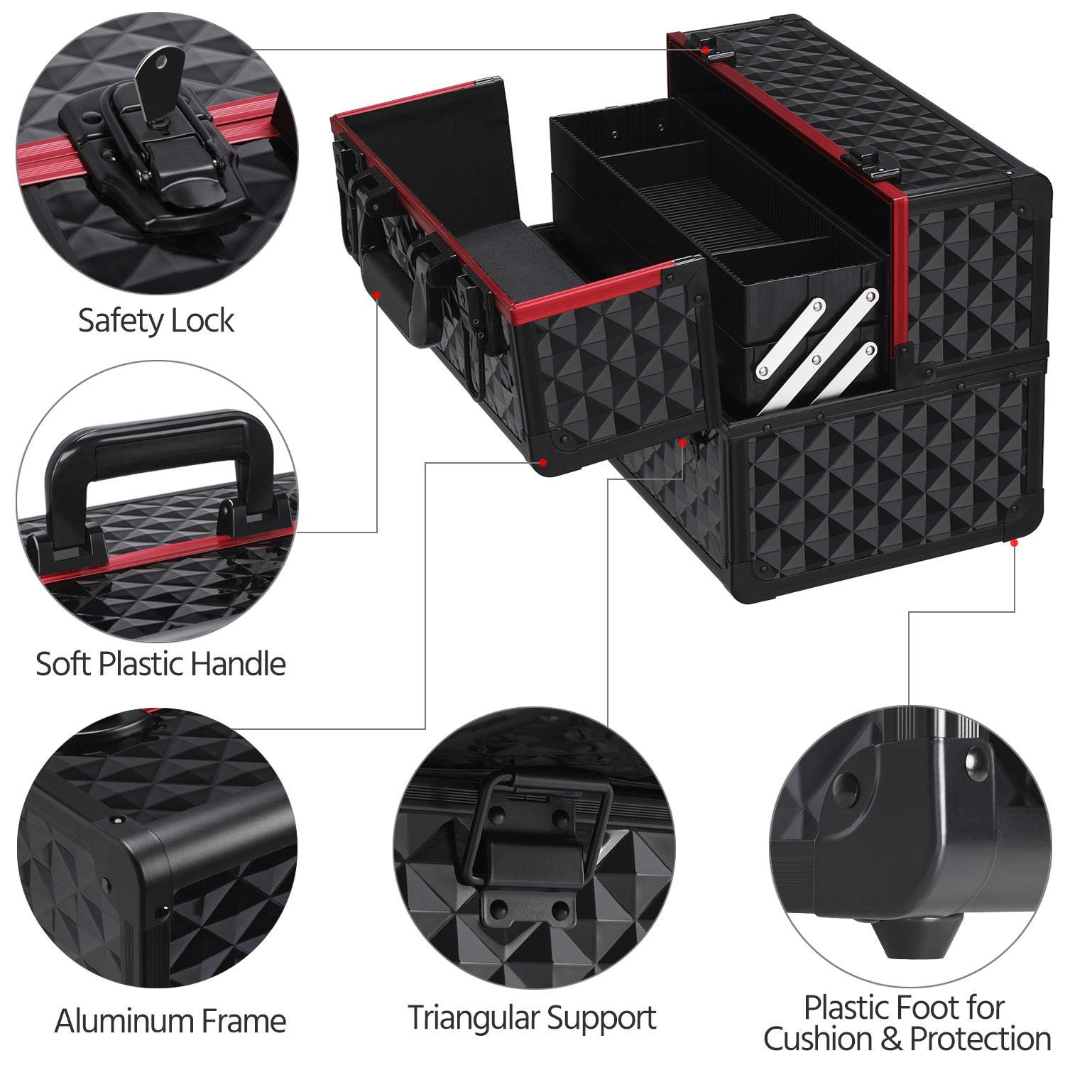 Professional Makeup Storage Box - Salon & Barber Cosmetic Case with Durable Design (Black/Red) - Perfect for Travel, Salon Use & Beauty Organization