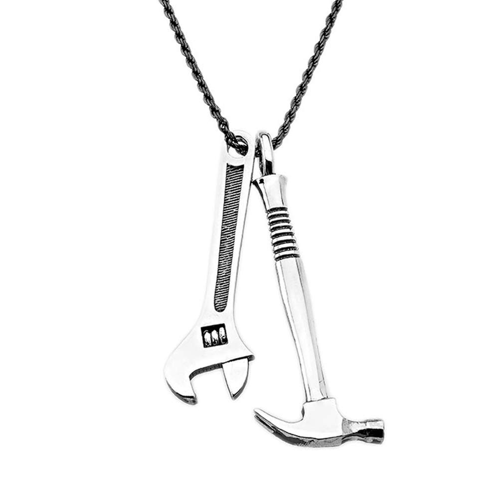Unique Solid Sterling Silver Oxidized 3D Hammer & Wrench Tool Pendant Necklace for Men - Handmade Jewelry Gift for Mechanics, Engineers & DIY Lovers - Perfect for Work, Gifts & Everyday Wear