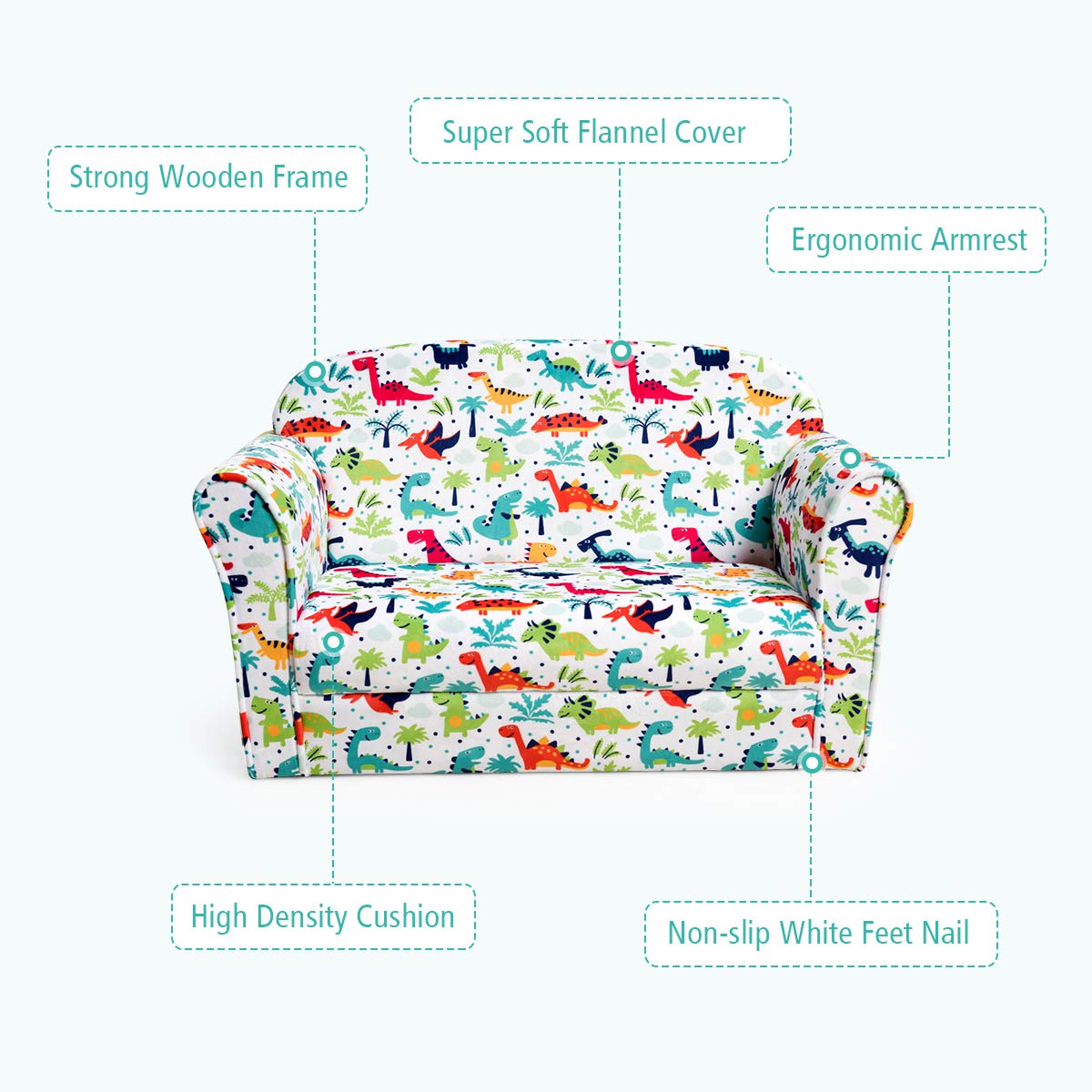 Costzon Kids Couch - Double Seat Children's Sofa with Dinosaur Pattern, Soft & Comfortable Toddler Armchair with Back Support, Easy to Move, Perfect for Bedroom & Living Room - Ideal Gift for Preschool Boys & Girls (Great for Playtime, Reading Nook & Nap Time)