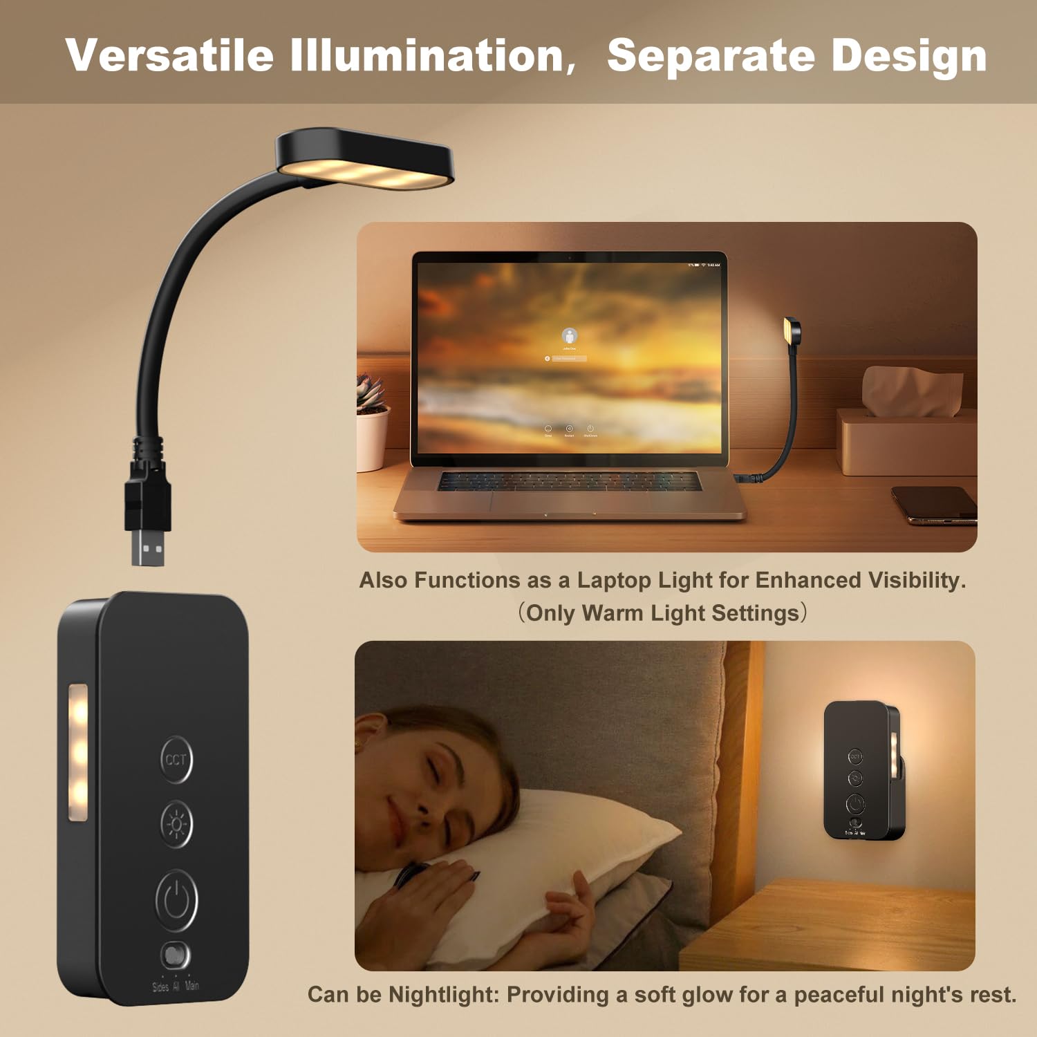 Ellasay Rechargeable LED Reading Light - 3 Color Stepless Dimmable Book Light with Timer, Portable Bedside Lamp for Night Reading, Detachable Wall Light for Bedroom, Study & Travel - Black