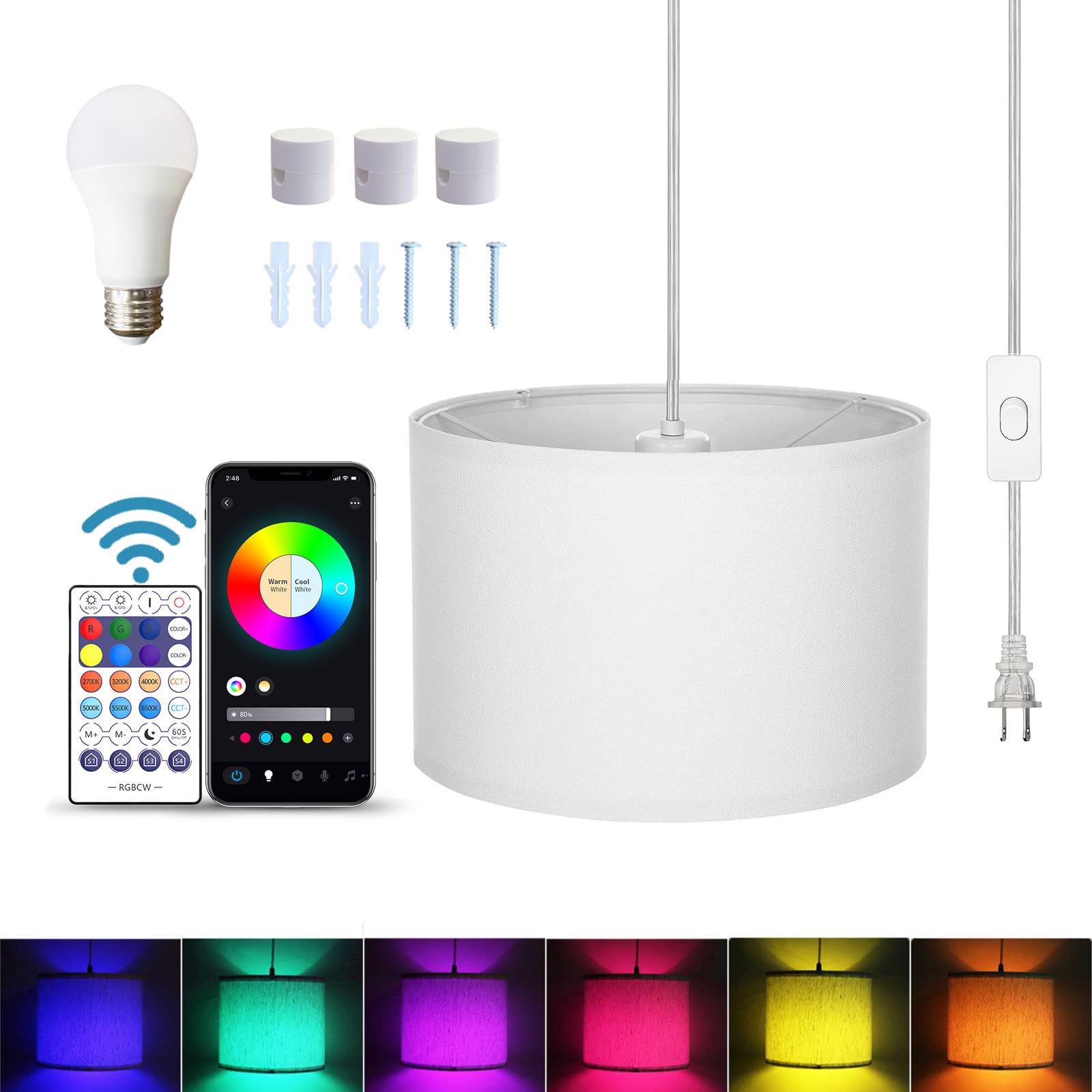 15FT White Hanging Pendant Lamp with Remote Control & Plug-in Cord - Dimmable Ceiling Light Fixture for Living Room, Bedroom, Farmhouse, Kitchen & Dining Room Decor