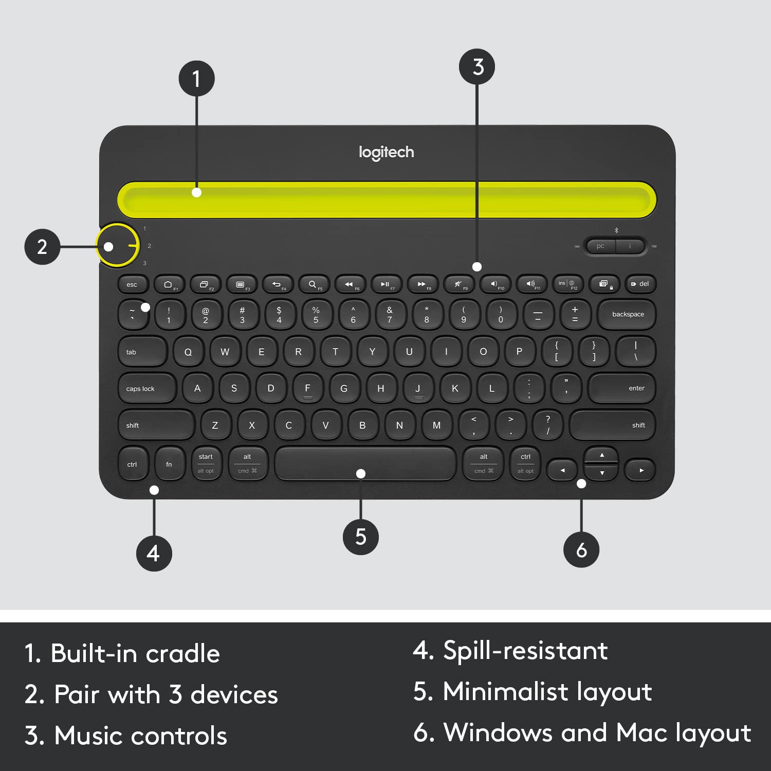 Logitech K480 Multi-Device Bluetooth Keyboard - Wireless Keyboard for Computer, Phone & Tablet - Seamless Switching Between 3 Devices - Perfect for Home Office, Remote Work & Study Setup