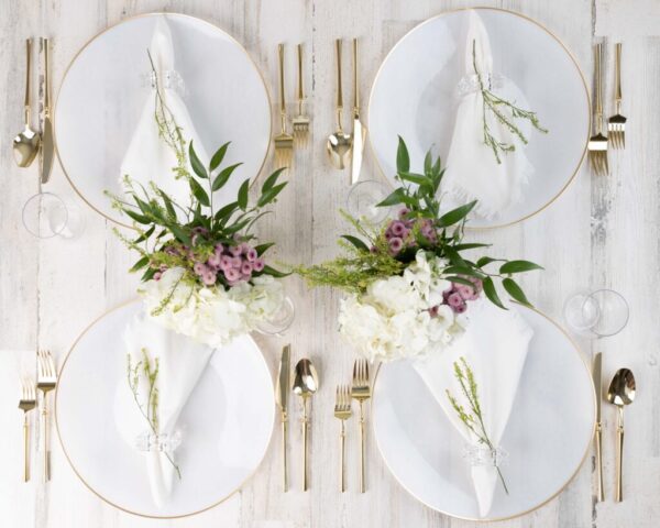 White and Gold Rim Transparent Hammered 13-Inch Round Plastic Charger Plates - 4 Pack Set for Elegant Dinner Parties, Wedding Receptions & Formal Events