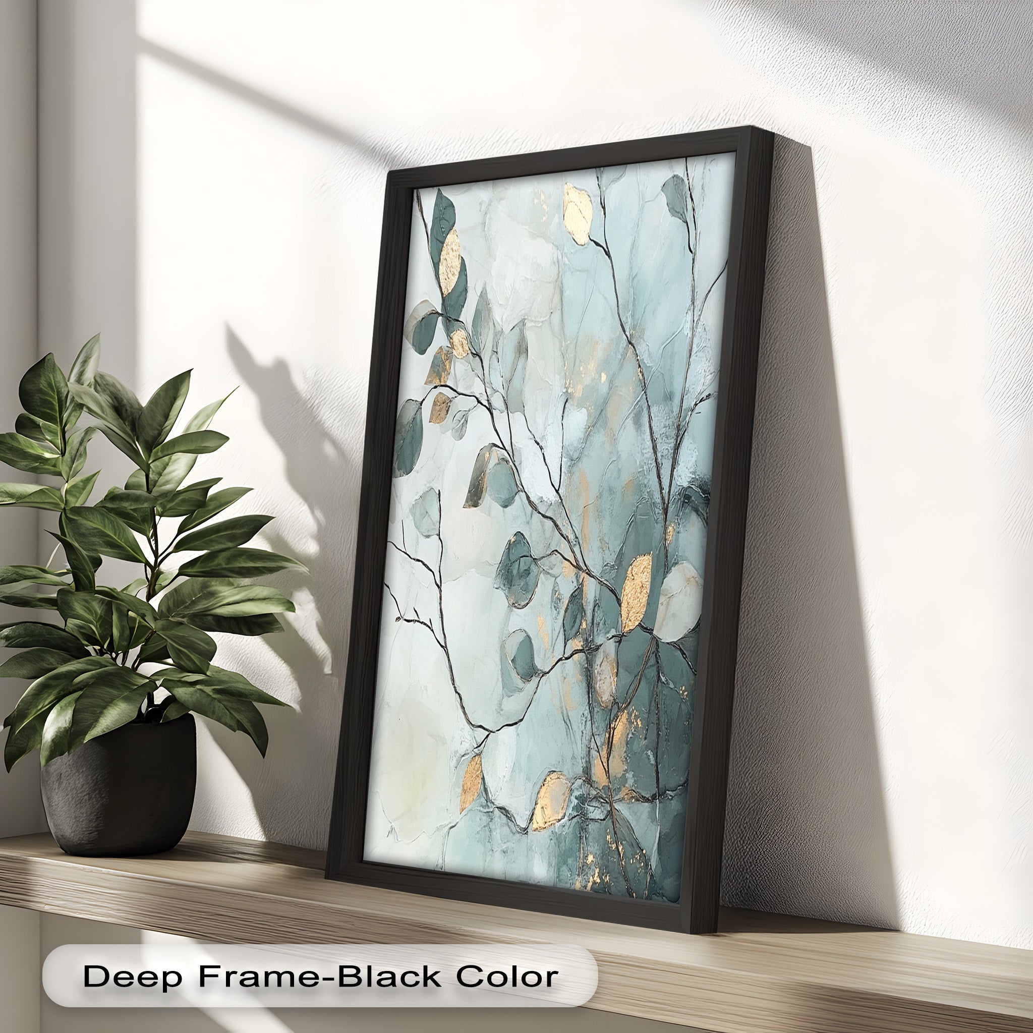 Blue and Metallic Leaf Branch Abstract Oil Painting - Handmade Canvas Wall Art for Living Room, Bedroom & Office Decor