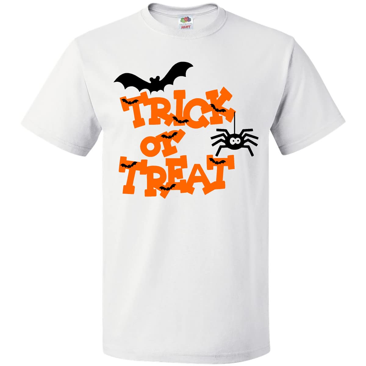 Inktastic Halloween Trick-or-Treat with Spider and Bats Graphic Adult T-Shirt | Spooky Costume Party & Holiday Gift for Men & Women