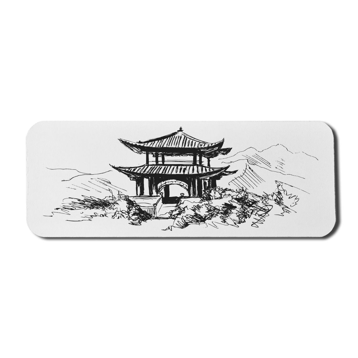 Ambesonne Vintage Chinese Pavilion Mouse Pad - Hand Drawn Black & White Landscape Sketch - Large 31