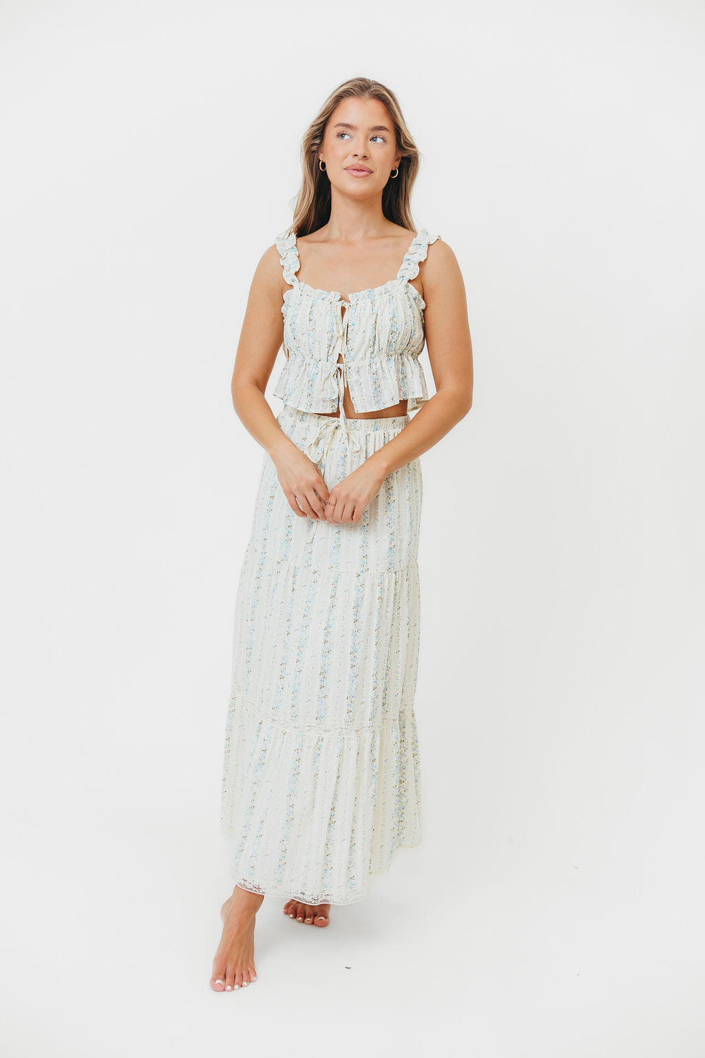 Ivory Cottage Babydoll Top and Tiered Maxi Skirt Set - Women's Boho Lace Outfit for Summer Beach, Garden Party & Date Night