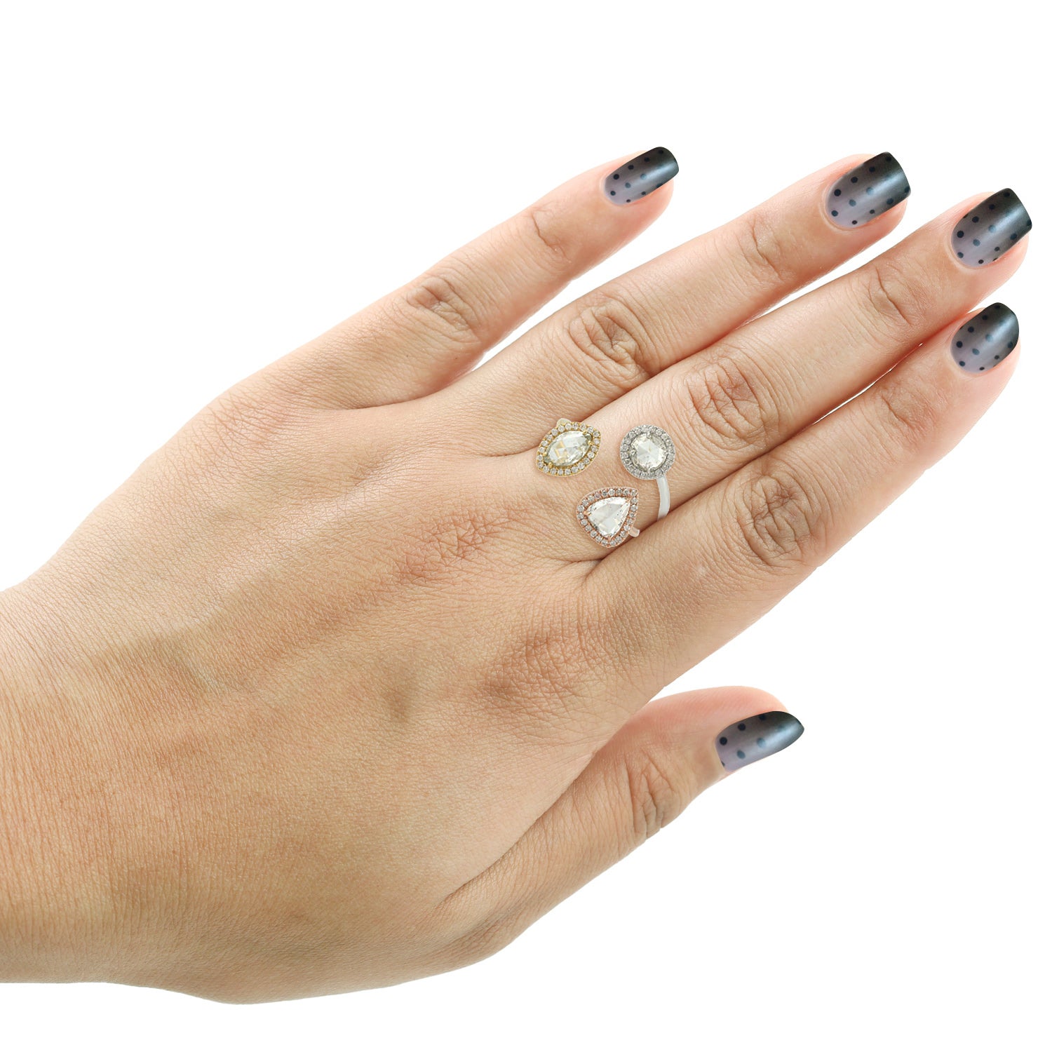 18K Tri-Tone Gold Between The Finger Ring with Prong-Set Rose Cut Diamond – Elegant Stackable Ring for Everyday Wear & Special Occasions