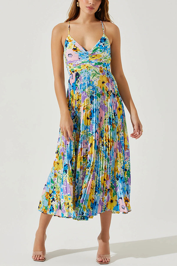 Floral Print Pleated Midi Dress with Back Tie Detail - Perfect for Wedding Parties, Bridal Showers & Summer Events