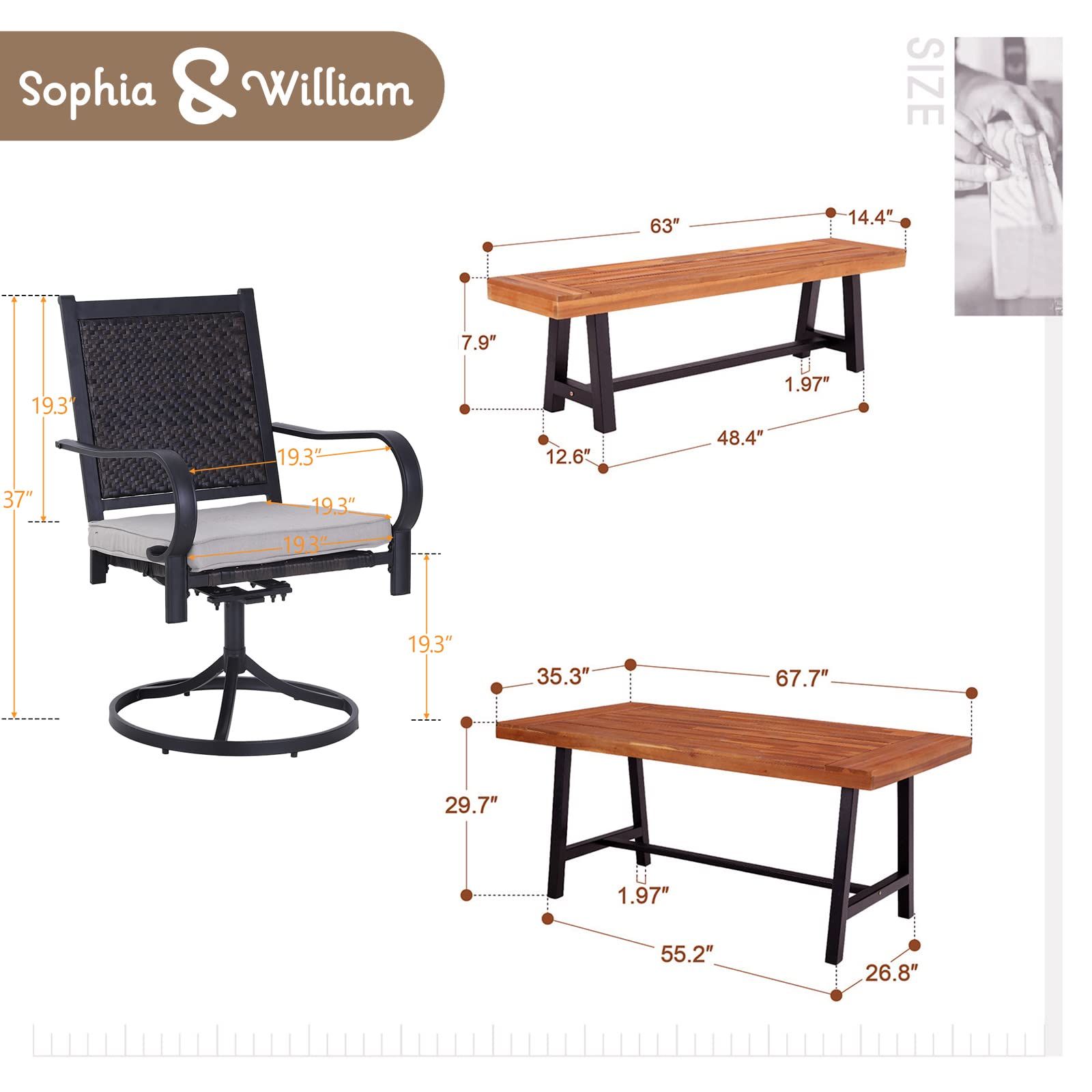 Sophia & William 6-Piece Outdoor Dining Set - 4 PE Rattan Swivel Chairs, 1 Acacia Wood Table & Bench with Cushions - Patio Furniture for Garden, Backyard & Porch | Perfect for BBQs, Family Gatherings & Outdoor Entertaining