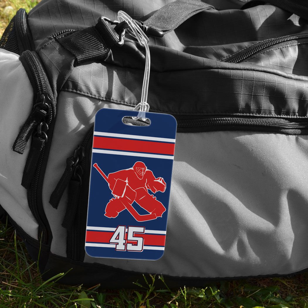Personalized Hockey Goalie Luggage Tag with Number - Large Navy & Red Hockey Bag Tag with Standard Lines on Back - Perfect for Travel, Sports Gear & Hockey Equipment Identification