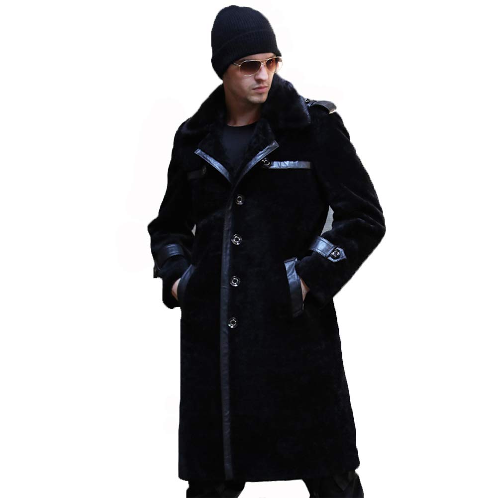 Men's Black Shearling Jacket - Genuine Sheepskin Leather Coat with Mink Fur Collar - Winter Long Trench Coat for Outdoor Activities & Casual Wear