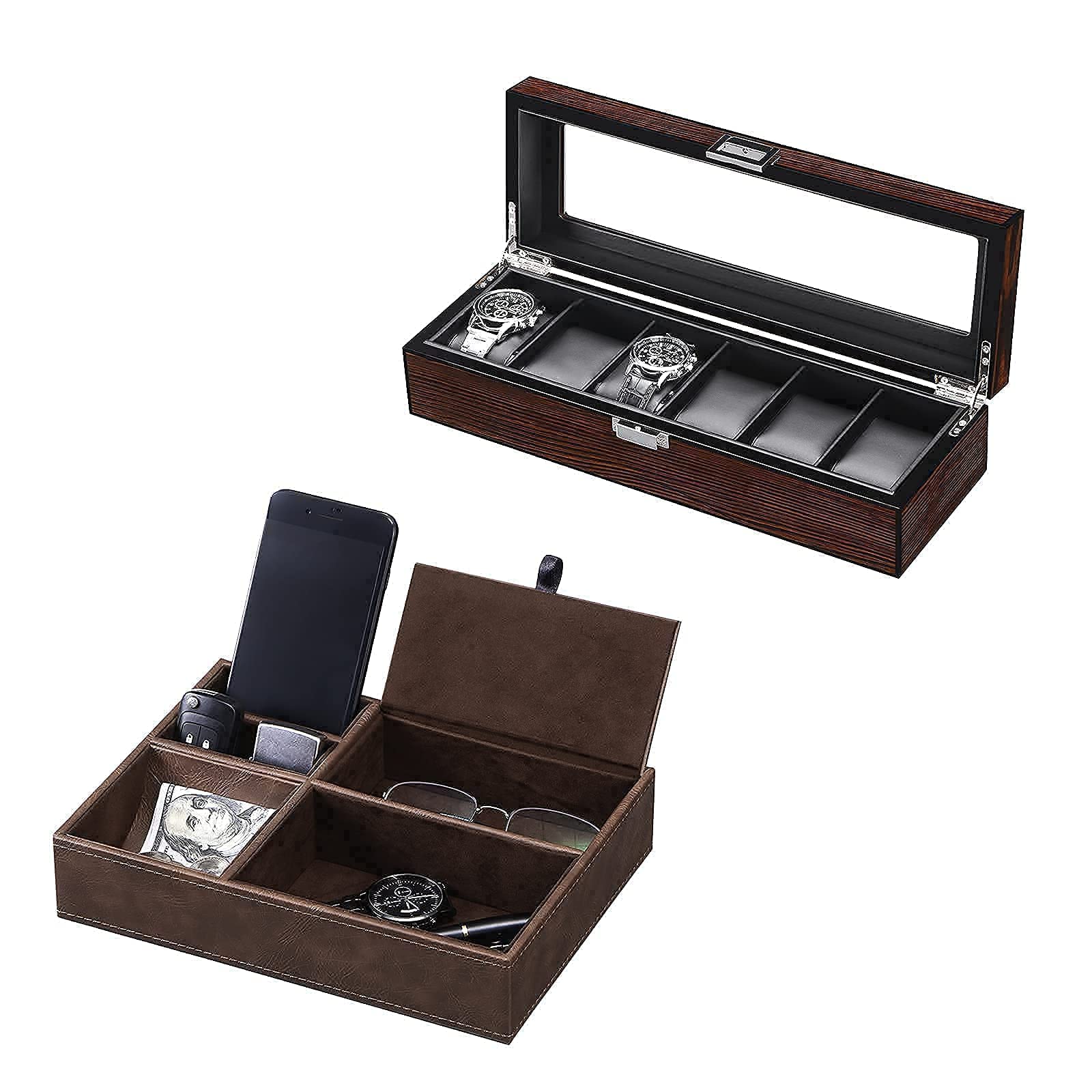 BEWISHOME Luxury Watch Box for Men - Real Glass Top Watch Case with Smooth Faux Leather Interior, Valet Tray & Dresser Organizer Set | Perfect for Nightstand Storage, Watch Collection Display & Gift for Watch Enthusiasts