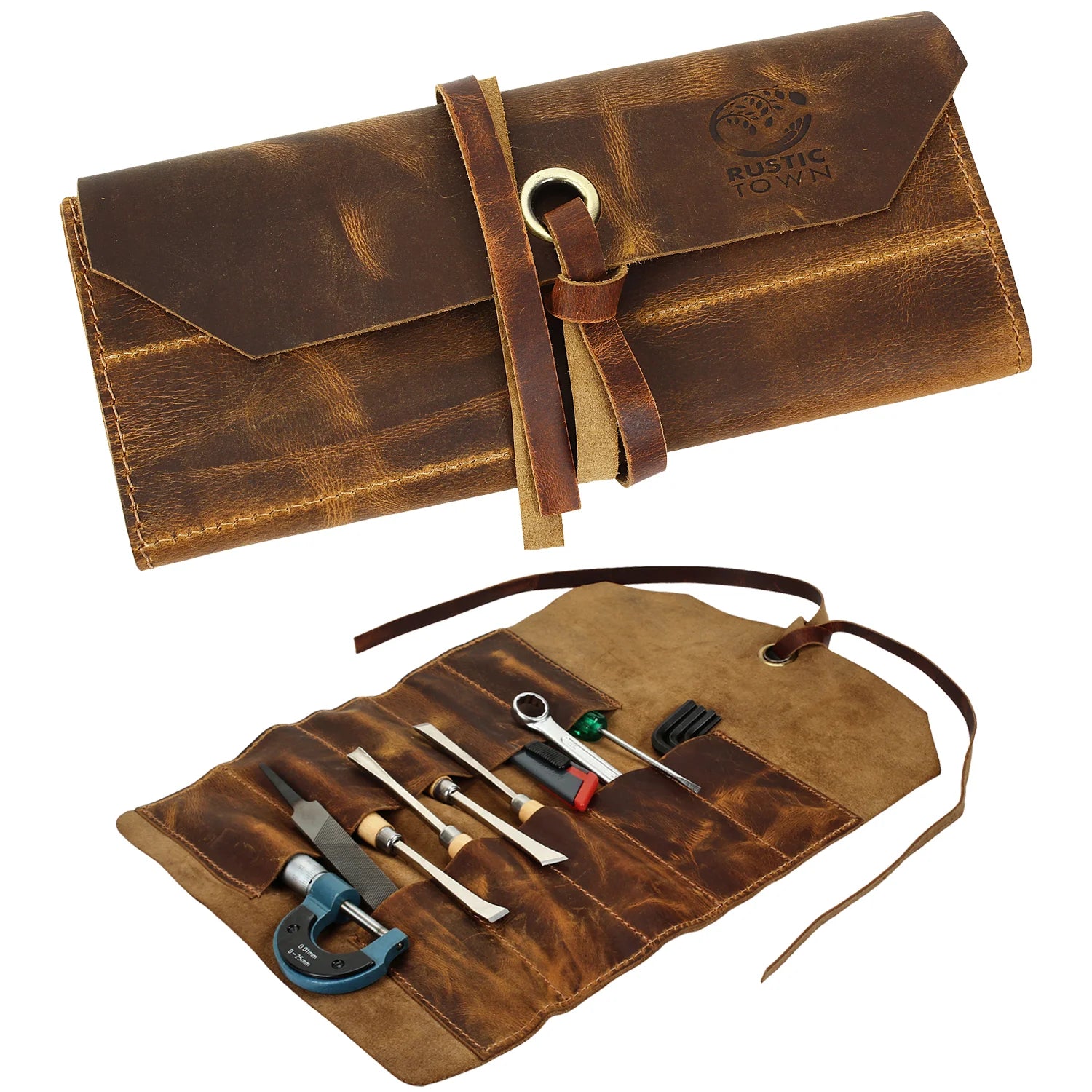 Premium Full Grain Leather Tool Roll Up Pouch - Handcrafted 10-Slot Organizer for Wrenches, Screwdrivers & DIY Tools | Perfect for Mechanics, Carpenters & Home Workshops