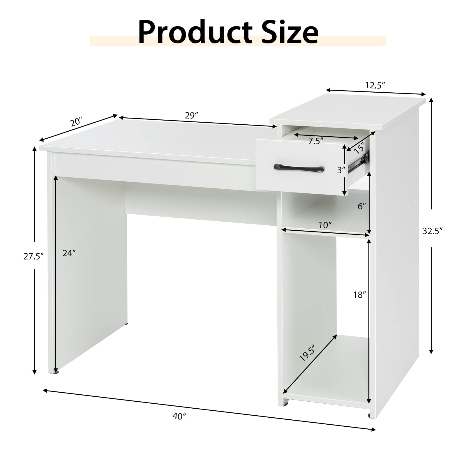 Tangkula Modern White Study Desk with Storage Drawer & Shelves - Compact Writing Desk for Small Spaces, Home Office, Dorm Room & Bedroom Workspace