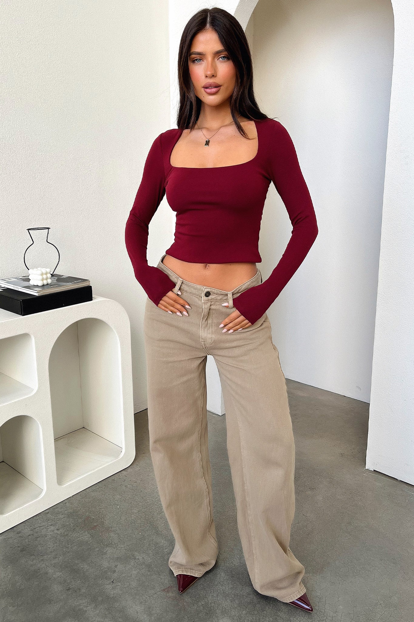 Andre Women's Long Sleeve T-Shirt - Burgundy Red Casual Blouse for Work, Date Night & Fall Layering