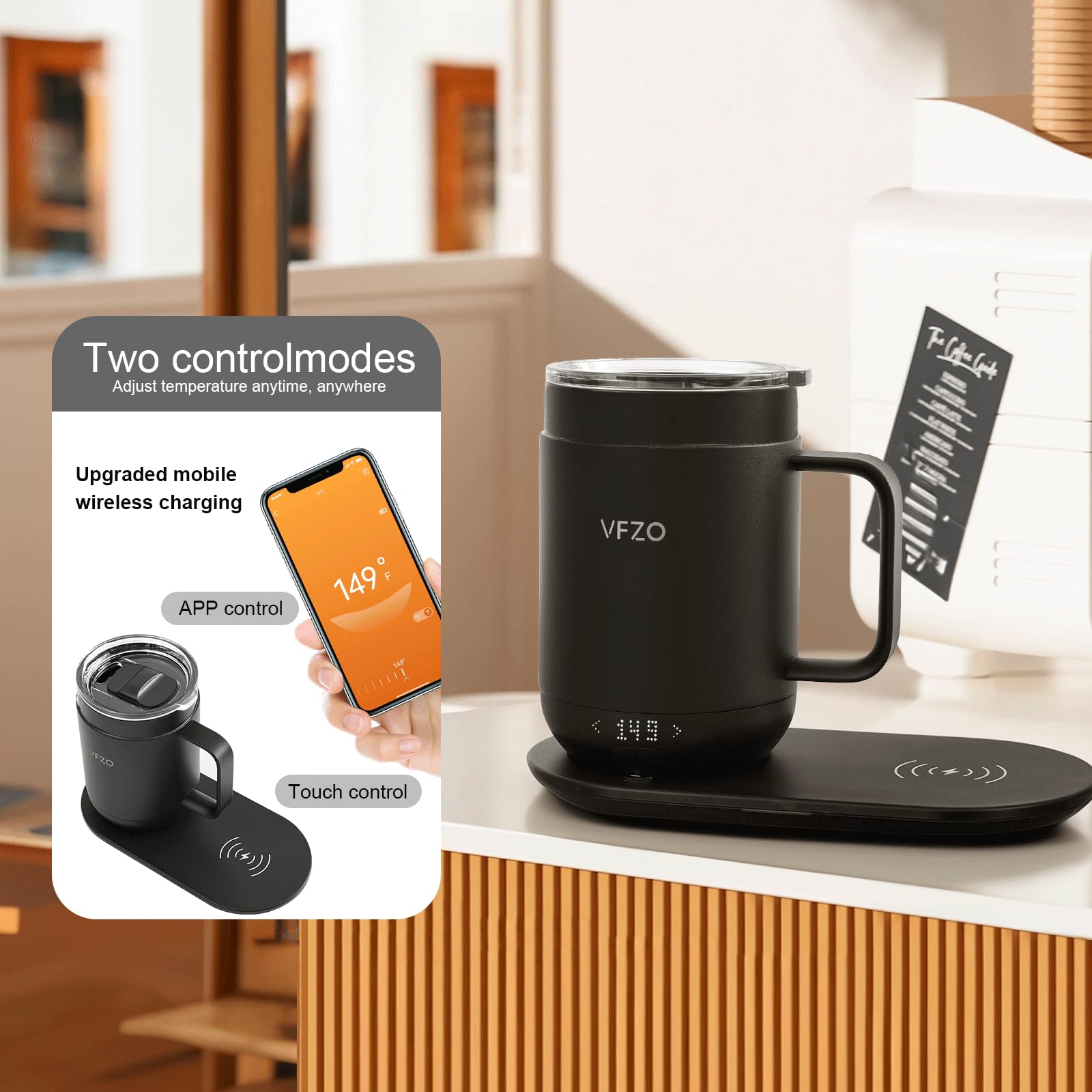 16Oz Smart Coffee Mug with Temperature Control & LED Display - Self Heating Travel Mug, 180 Min Battery Life, Fast Wireless Charging (149℉ Max) - Perfect for Office, Home & Commuting - Black (16oz)