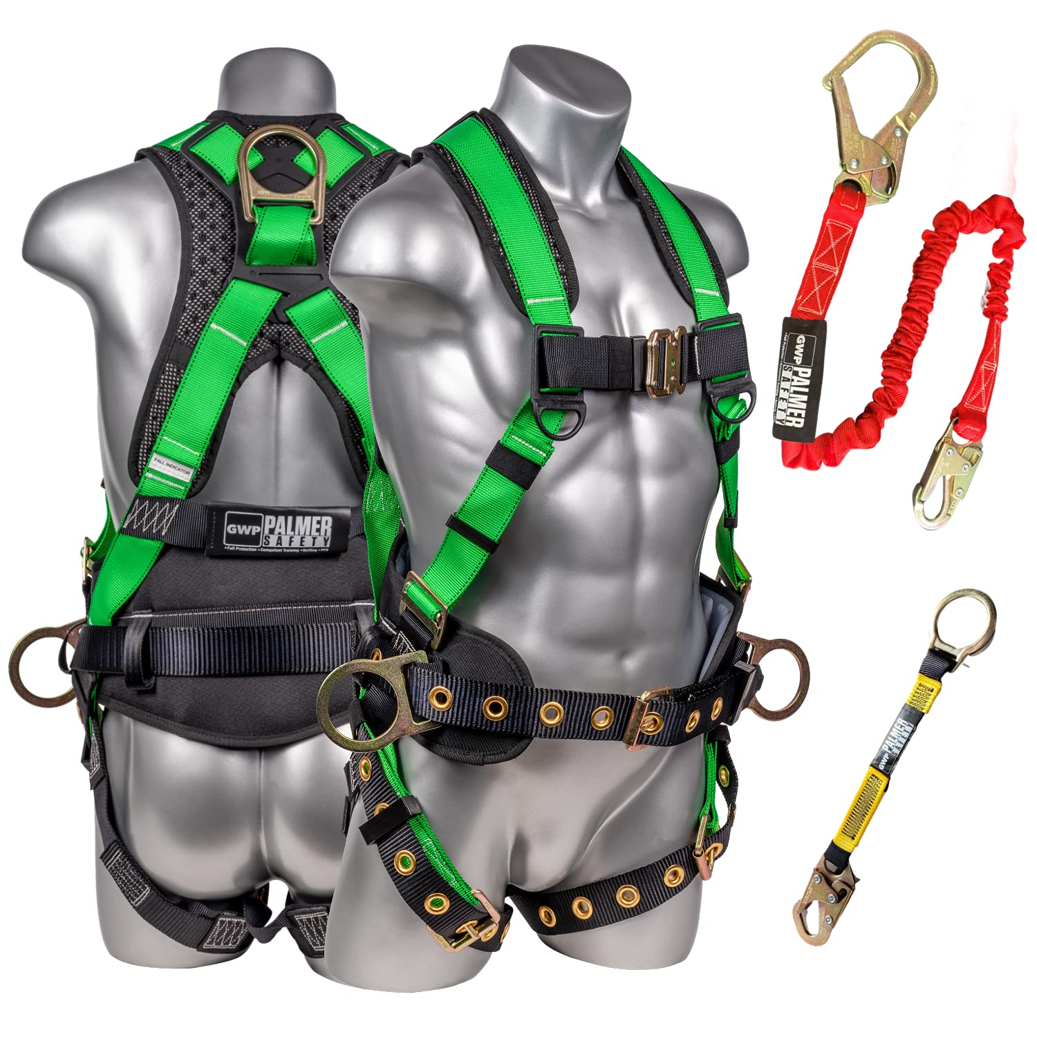 Palmer Safety Hammerhead Safety Harness with Padded Back Support - QCB Grommet Legs & 6' Safety Lanyard with Rebar Hooks - OSHA ANSI Certified Industrial Roofing Equipment (Green, Medium) - Ideal for Construction, Roofing & Fall Protection Work