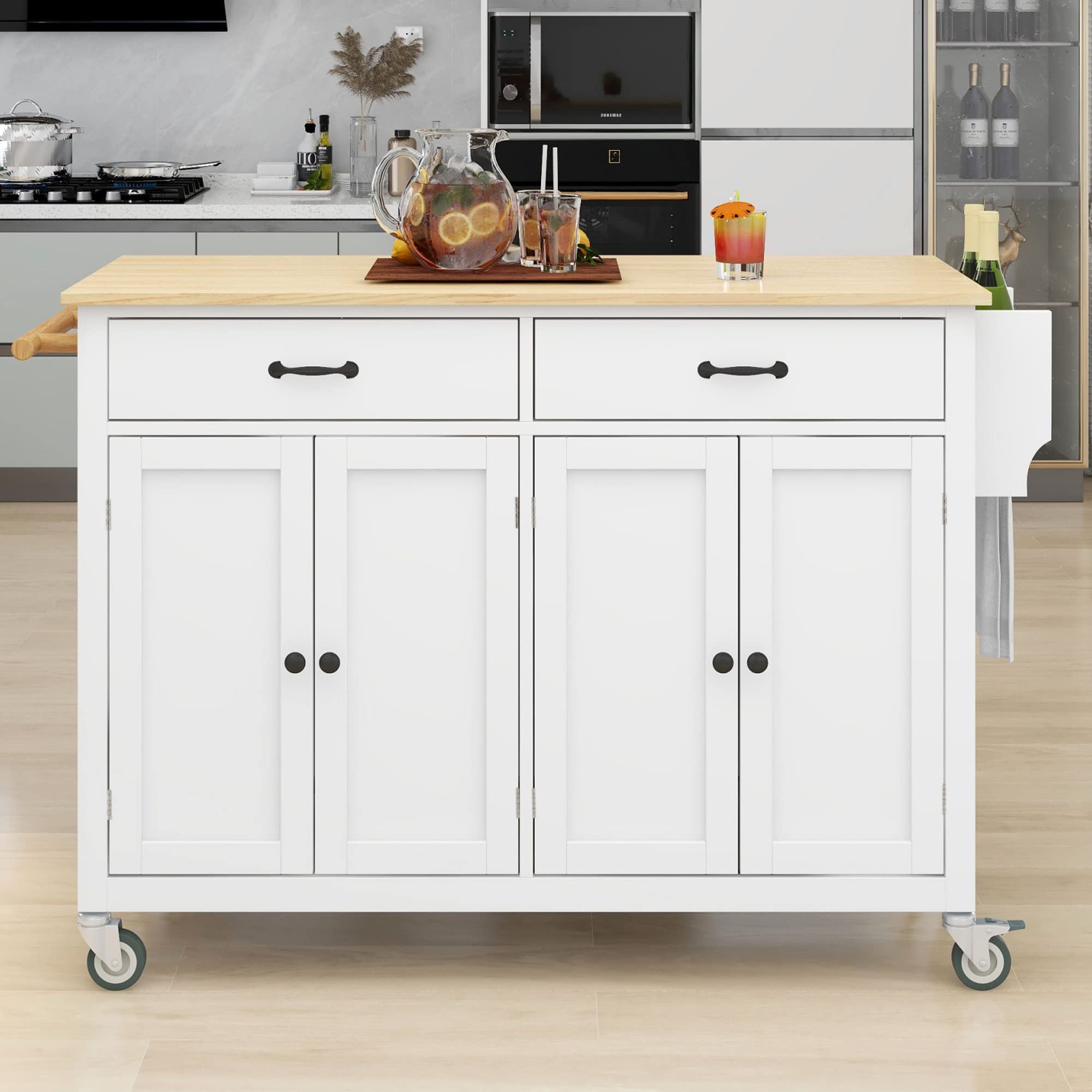 P PURLOVE Wooden Kitchen Island Cart with Wheels - Rolling Utility Cart with 2 Drawers, 4-Door Cabinet, Storage Shelf, Spice Rack & Towel Rack - Perfect for Small Kitchens, Dining Rooms & Mobile Food Prep Stations