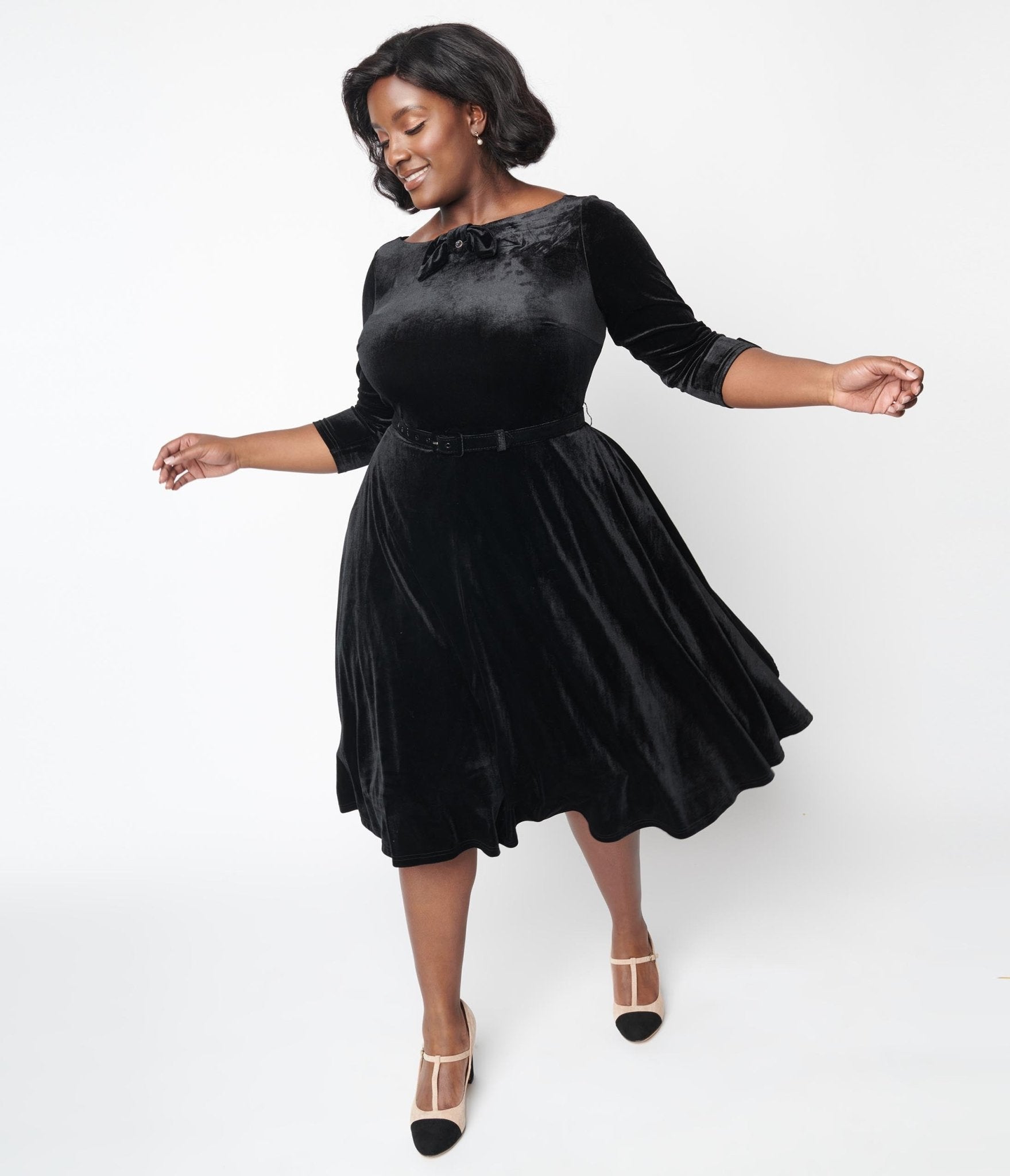 Vintage Black Velvet Swing Dress with Faux Bow - Elegant Retro Cocktail Party & Holiday Formal Wear for Women