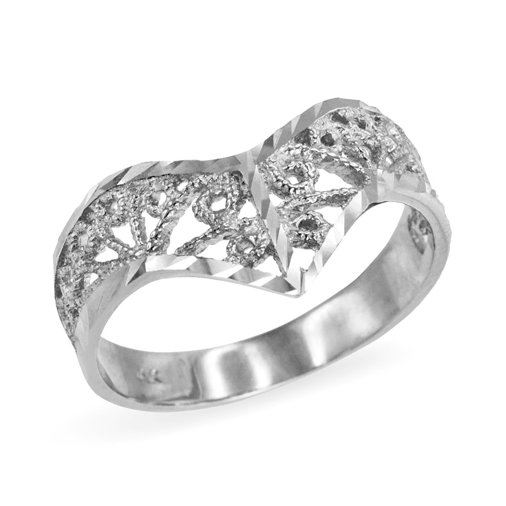 Elegant 14k White Gold Filigree Chevron Ring for Women - Modern & Contemporary Jewelry - Perfect for Weddings, Anniversaries, and Special Occasions