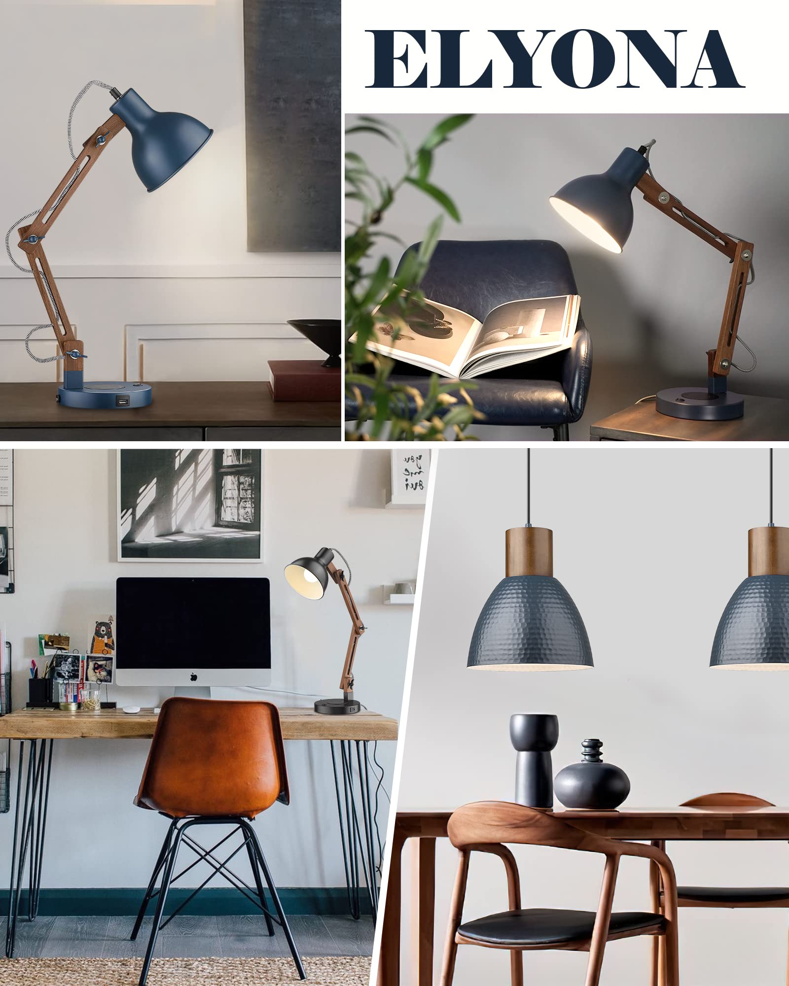 ELYONA Sapele Wood Swing Arm Desk Lamp with Wireless Charger & USB-C Port - Modern LED Task Light for Reading, Office, Bedroom, Dorm, Living Room | Includes Bulb & Fast Charging for Phones, Tablets | Perfect for Home Office, Study & Nightstand Use