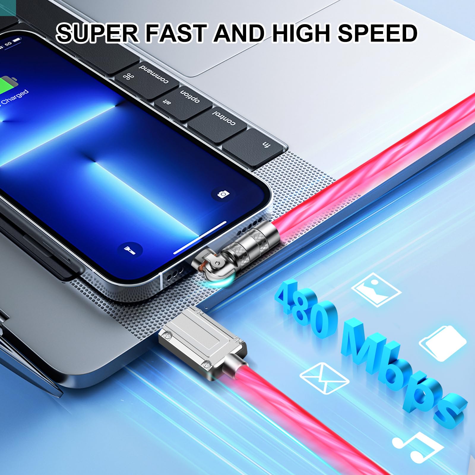 180° Rotating Fast Charging Lightning Cable 2M with LED Flowing Light - USB to Lightning Charger for iPhone 14/13/12/11/Pro Max/XS/XR/8/7/6 & iPad - Perfect for Home, Office & Travel Use