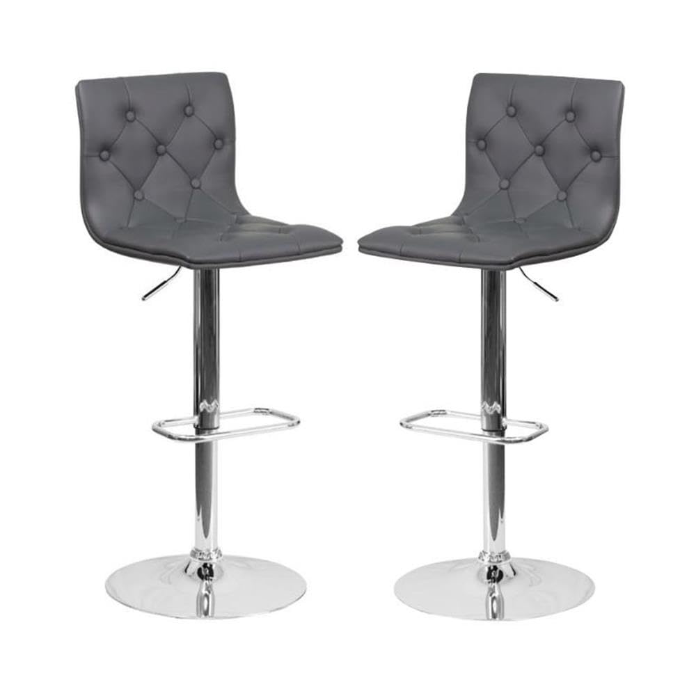 Premium Gray Faux Leather Tufted Adjustable Bar Stool Set of 2 - Modern Kitchen Island & Home Bar Seating for Dining & Entertaining