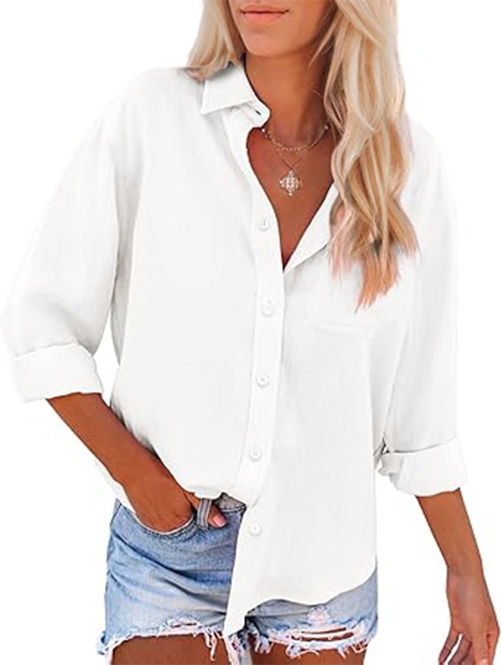APRAW Women's Long Sleeve Button Down Shirt - Cotton Collared Dress Shirt, Oversized Blouse with Pockets for Casual Wear | Perfect for Office, Date Night & Everyday Outfits