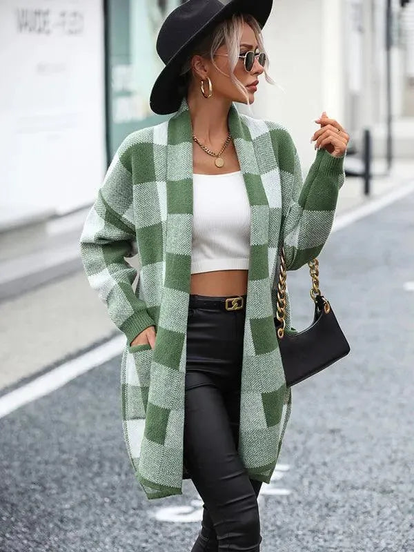 Stylish Loose Plaid Color Block Knit Cardigan Sweater for Women - Cozy Fall & Winter Fashion - Perfect for Office, Dating and Casual Outings
