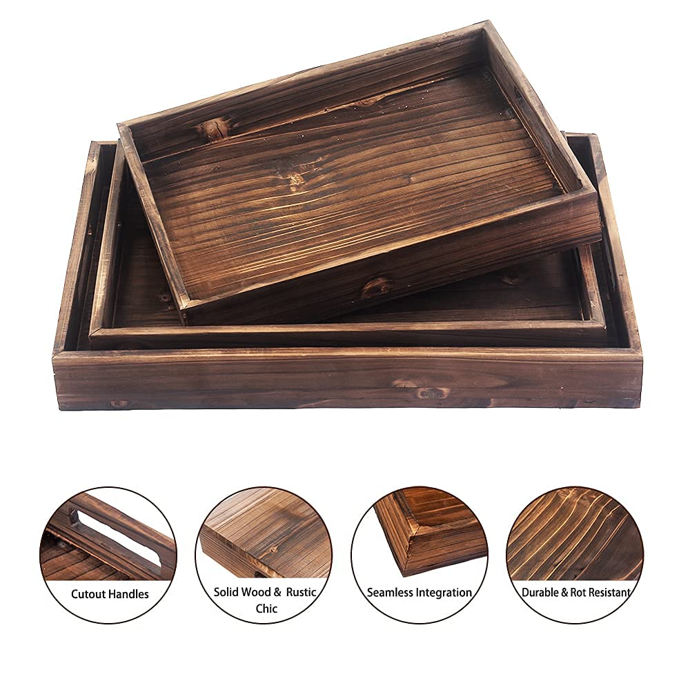 Rustic Wooden Serving Tray Set of 3 - Handled Nesting Trays for Coffee, Food & Drinks | Ottoman Tray, Decorative Platter for Dining, Living Room & Bedroom Use | Brown Retro Style Wood Trays