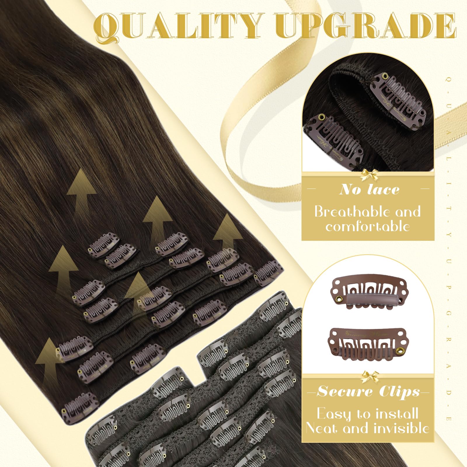 Ve Sunny 22 Inch Clip-in Human Hair Extensions - Balayage Brown Remy Hair Weft (120g, 7Pcs) for Volume & Length | Perfect for Daily Styling, Parties & Special Occasions