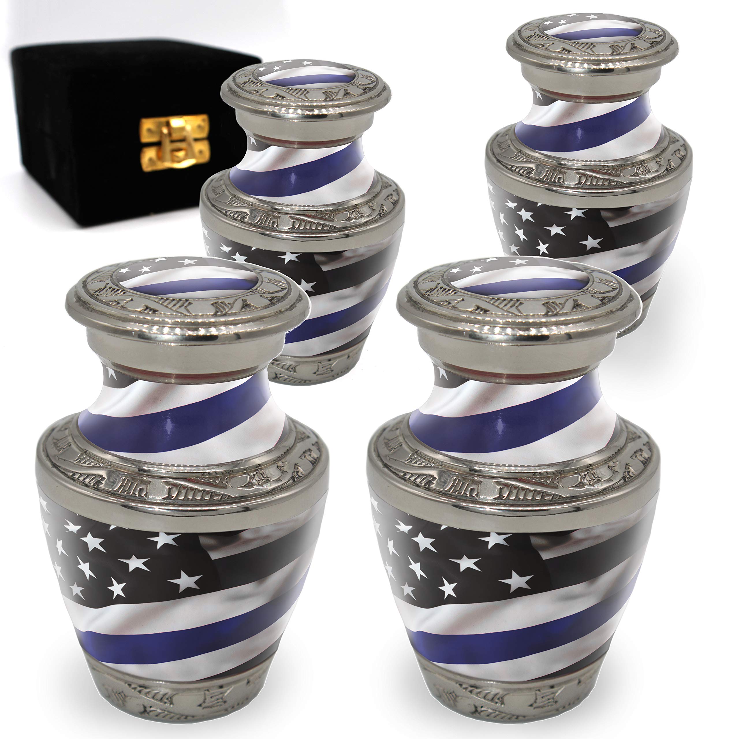 Patriotic Blue Line Flag Cremation Urn for Ashes - Personalized Memorial Urn for Adult Men | Handcrafted Decorative Urn Set of 4 | Perfect for Home Memorials, Funeral Services & Honoring Fallen Heroes