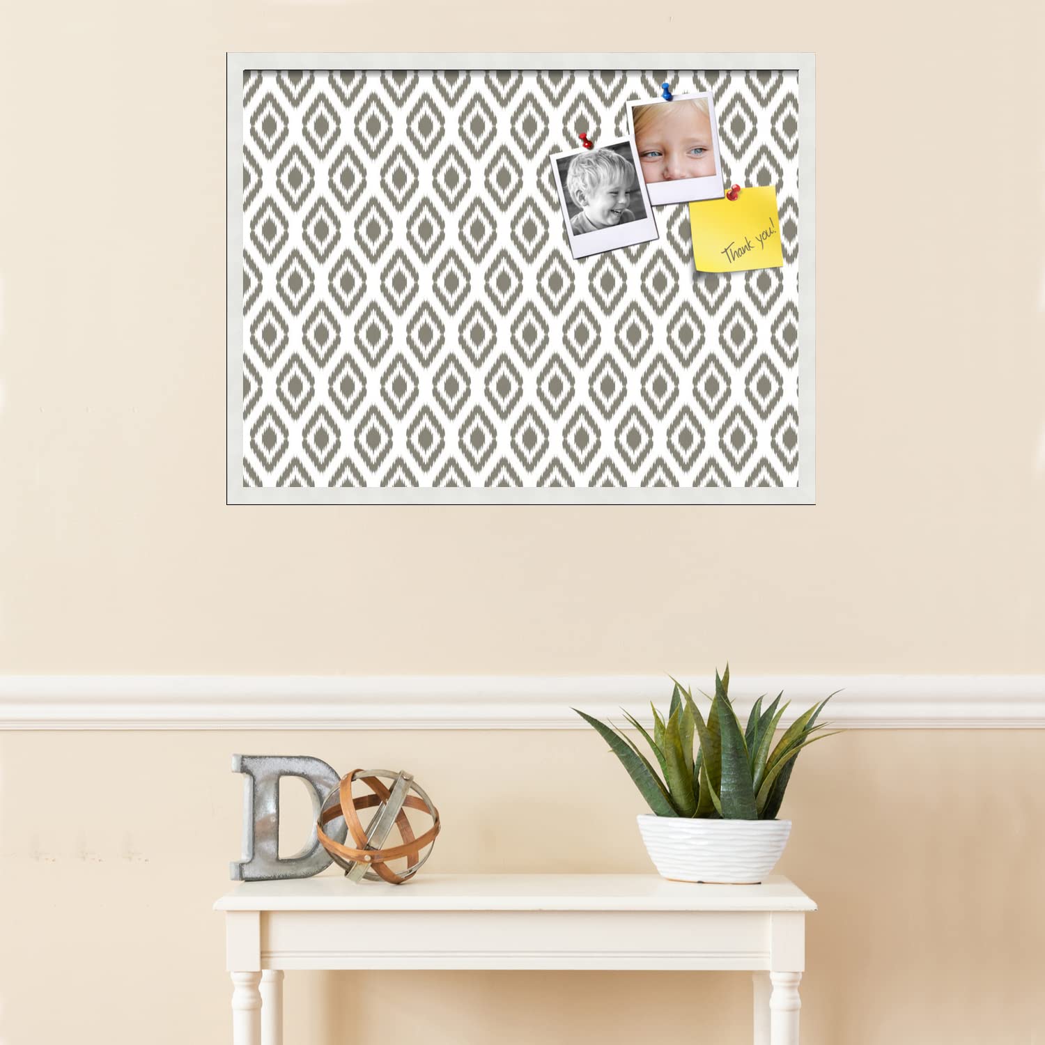 PinPix 32x24 Inch Cork Bulletin Board with Ikat Pewter Design & Satin White Frame - Decorative Framed Pin Board for Home Office School Decor - Perfect for Notes, Photos, Reminders & Wall Organization