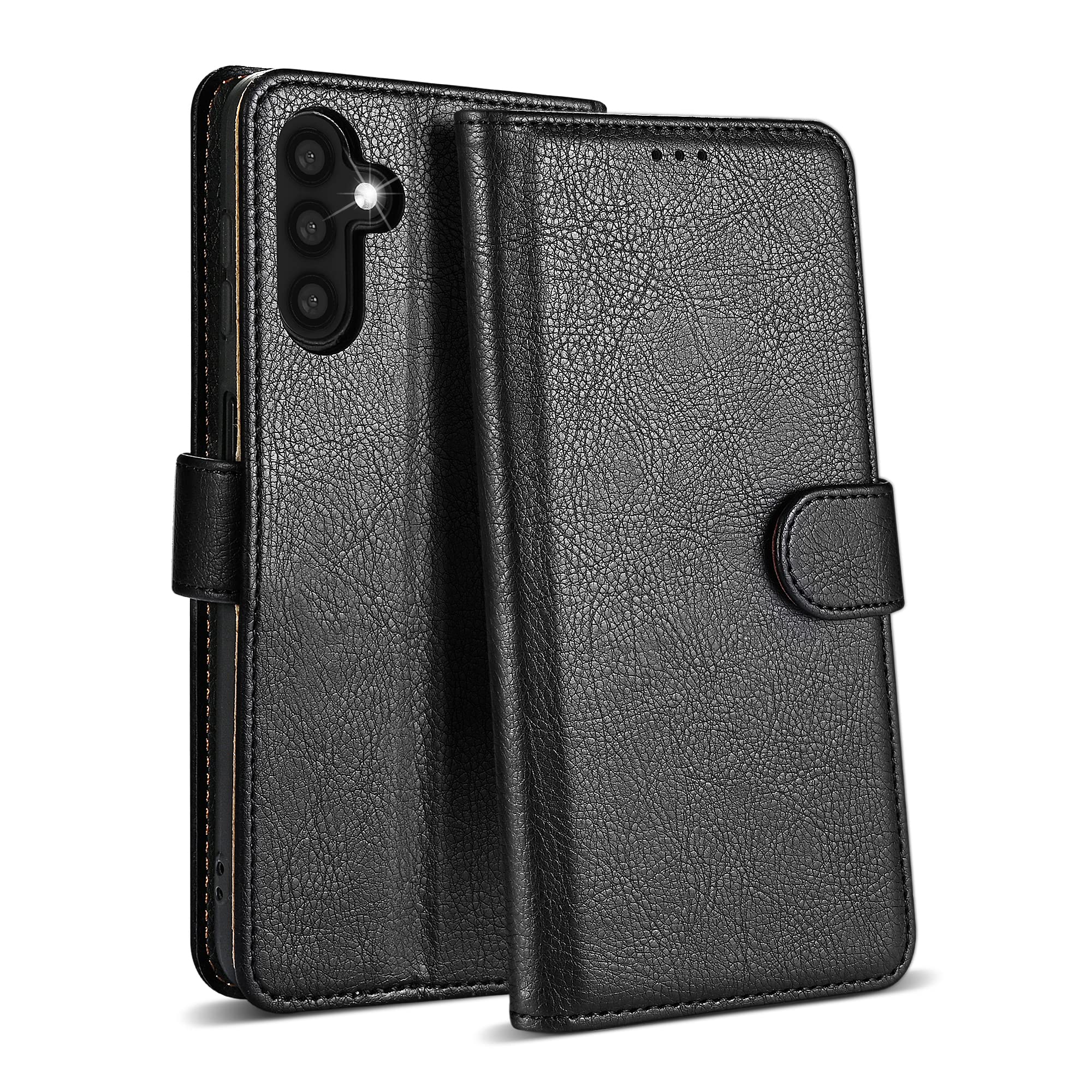 Premium Samsung Galaxy A14 4G/5G Leather Wallet Case - Shockproof Flip Cover with Kickstand & RFID Blocking Card Slots (Black) | Perfect for Business Travel, Commuting & Daily Protection
