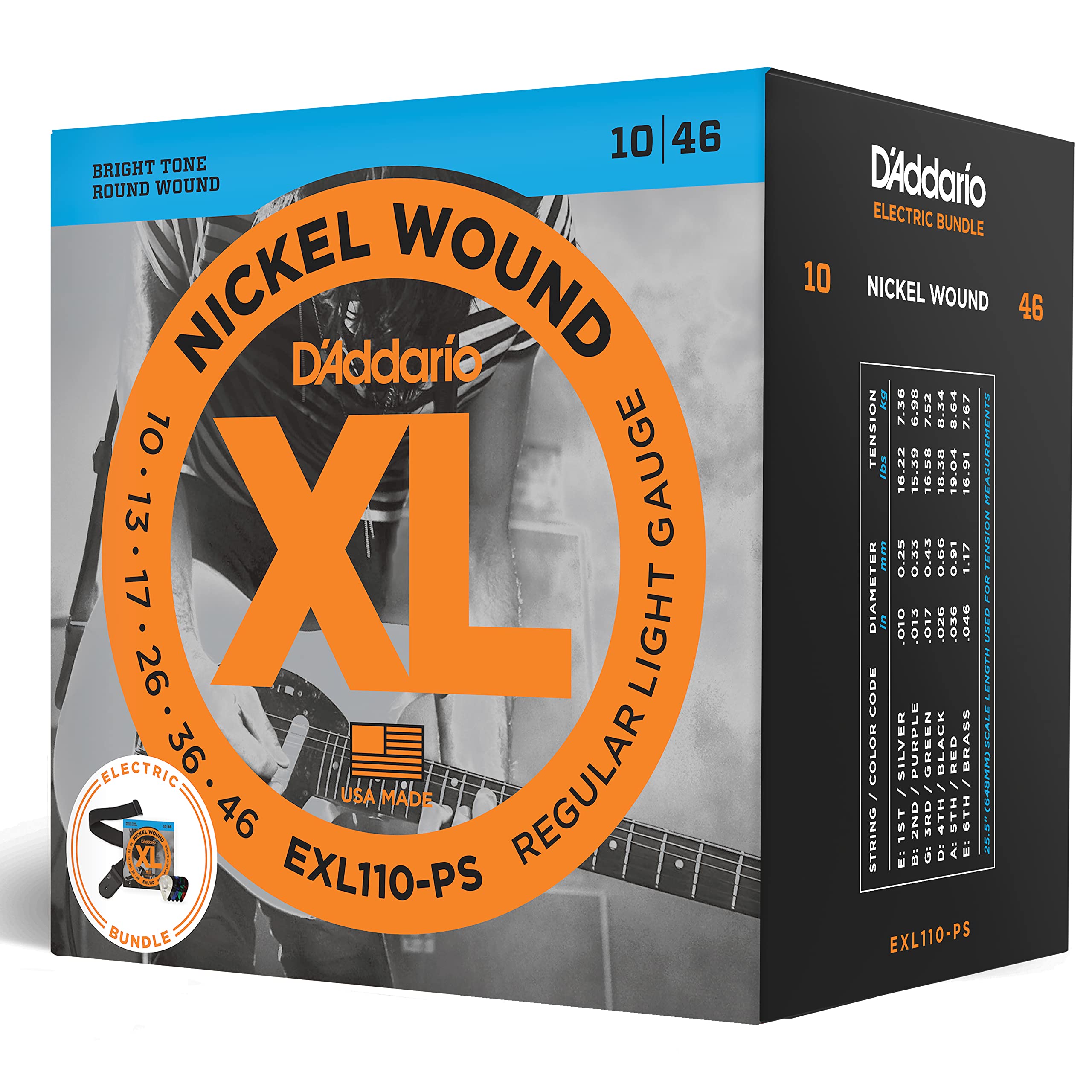 D'Addario EXL110 XL Nickel Wound Electric Guitar Strings 10-46 Light Gauge with Poly Pro Guitar Strap & 10 Pack Medium Celluloid Picks - Complete Beginner Kit for Electric Guitar Players - Perfect for Practice, Studio Recording & Live Performances