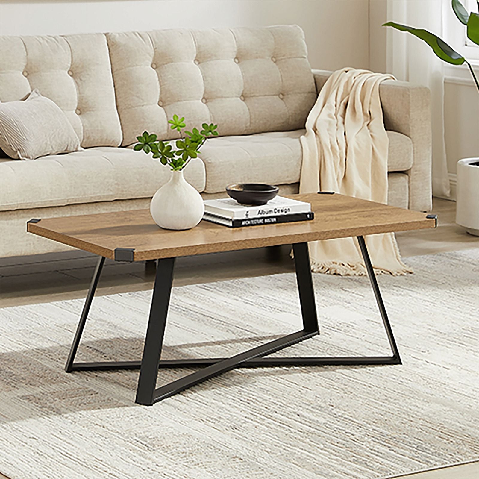 Criterionâ¢ 43-Inch Dark Oak Capri Coffee Table with Black Metal Legs & Accents - Modern Living Room Centerpiece for Home Decor