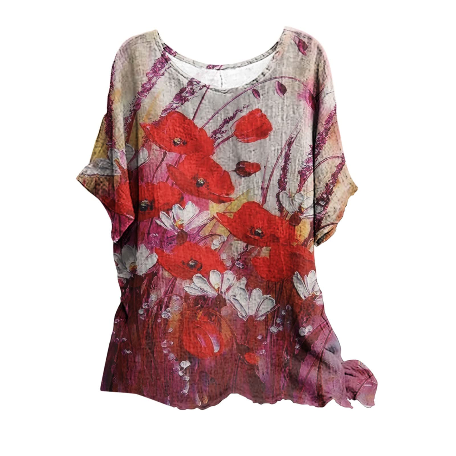 Women's Loose Cotton Linen Blouse - Batwing Sleeve Floral Print Tunic Top with Crew Neck | Casual Summer Shirt for Women | Perfect for Beach, Office & Everyday Wear