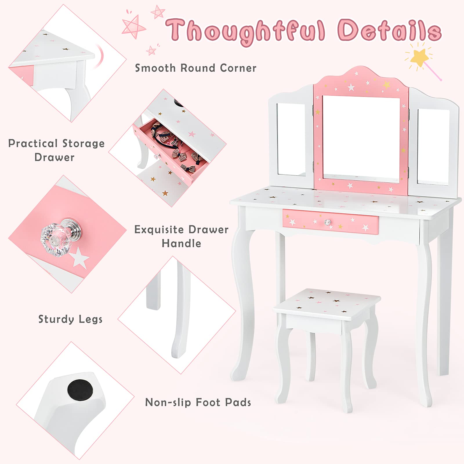 Costzon Kids Vanity Set with Mirror & Stool - Princess Makeup Table for Girls Pretend Play, White