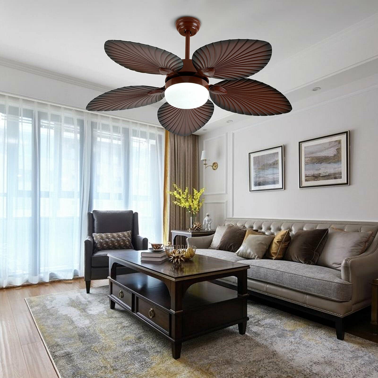 OUKANING 52-inch Tropical Ceiling Fan with LED Light and Remote Control - Indoor/Outdoor 5-Blade Palm Design for Living Room, Bedroom, Dining Room, Restaurant, Bar, Cafe - Perfect for Coastal Decor and Breezy Comfort