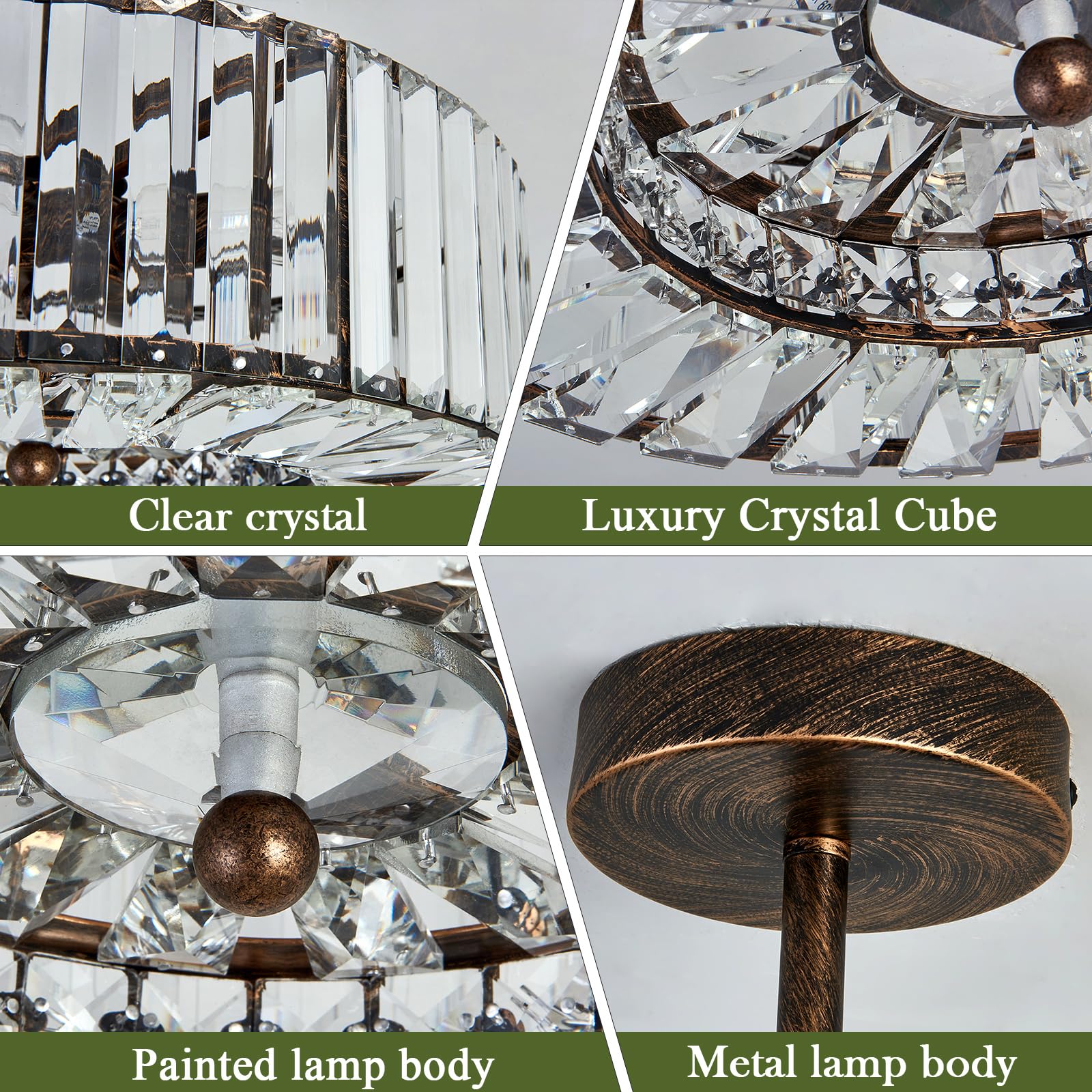 4-Light Modern Crystal Chandelier - Oil Rubbed Bronze Round Semi-Flush Mount Ceiling Light Fixture - Farmhouse Style Lighting for Dining Room, Living Room, Bedroom, Hallway, Entryway & Kitchen - Perfect for Home Decor, Wedding Venues and Restaurant Ambiance