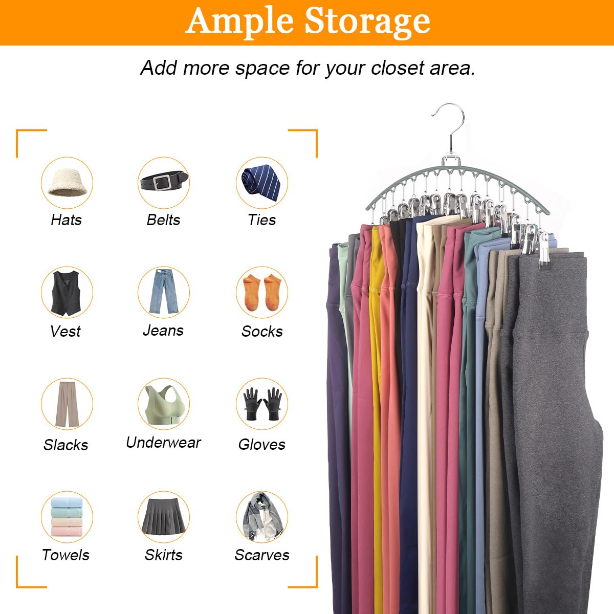 3-Pack Space Saving Closet Organizer with 15 Clips - Rubber Coated Leggings & Yoga Pants Hanger - Grey - Perfect for Wardrobe, Closet & Travel Storage Organization