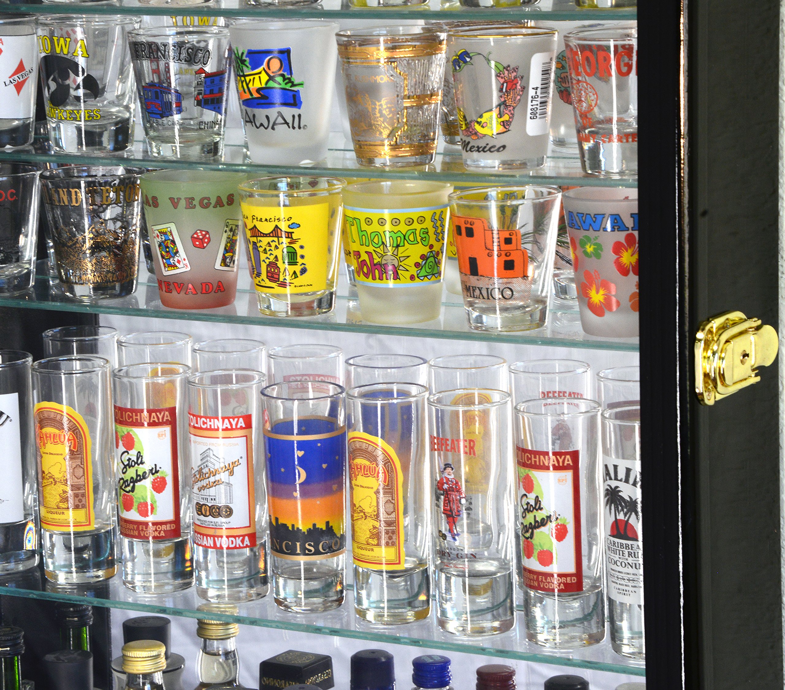 Black Large Mirror Backed 7-Shelf Glass Shot Glass Display Cabinet - Perfect for Bars, Restaurants, and Home Entertainment Spaces