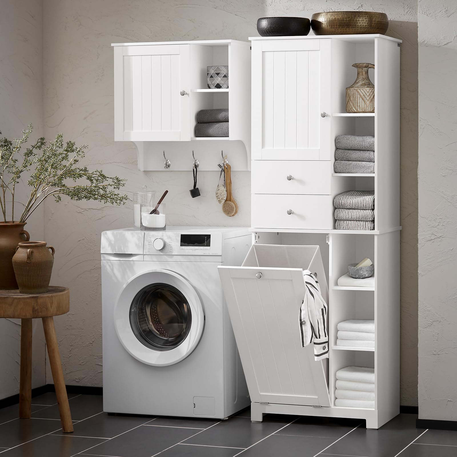 Haotian Tall Laundry Storage Cabinet - Freestanding Organizer with Removable Baskets, Multi-Compartment & Drawers - Perfect for Bathroom, Laundry Room, Closet Organization - White (BZR104-W)
