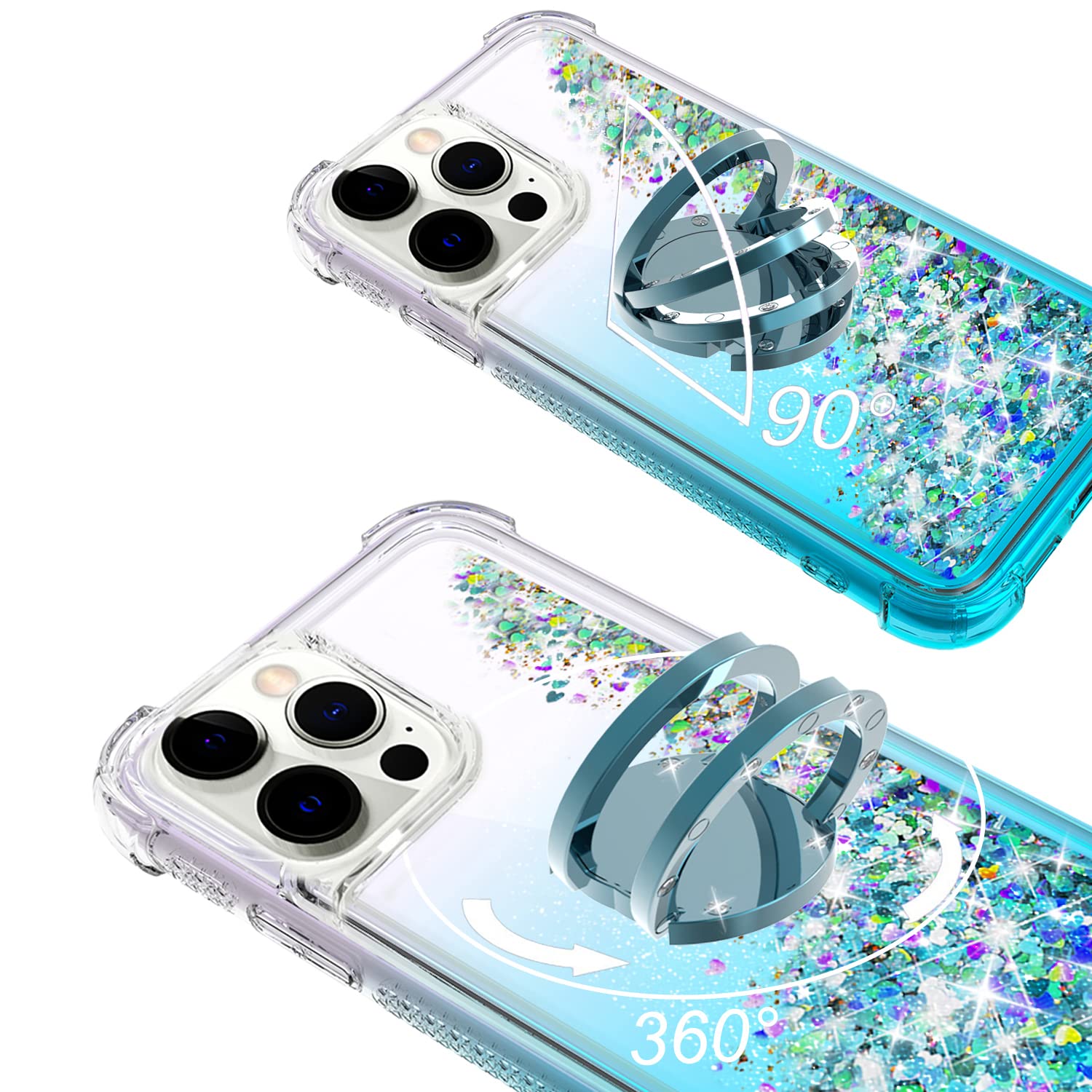 Sparkling Glitter Liquid Waterfall TPU Phone Case for iPhone 12/12 Pro (6.1 Inch) - Rotating Ring Kickstand, Blue | Protective Cover with Bling Design for Daily Use, Parties & Travel