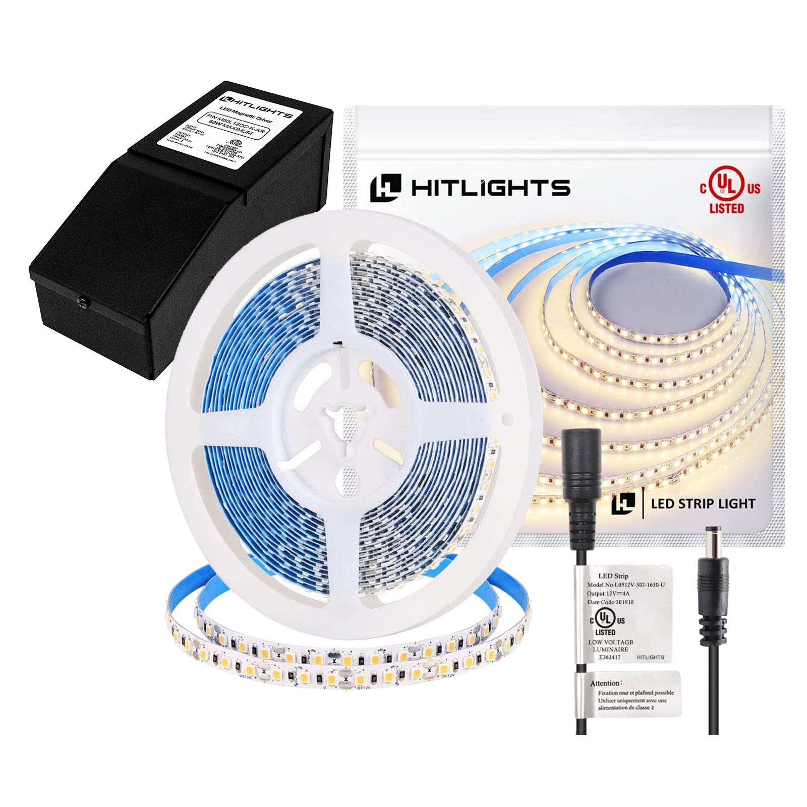 HitLights UL Certified LED Strip Lights - 600 LEDs with Dimmable Driver & 110V AC-12V DC Transformer | Perfect for Cabinet Lighting, Kitchen Under Cabinet, Home DIY Lighting Projects